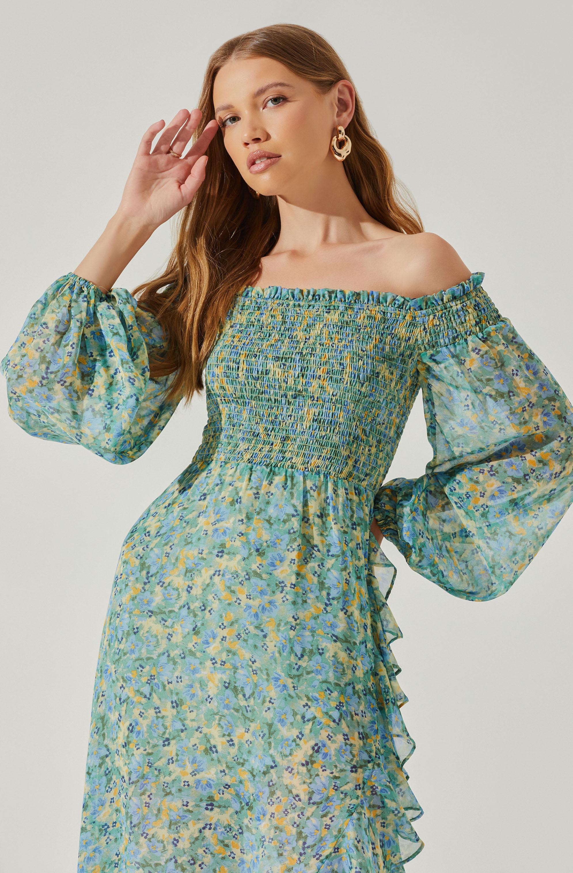 Katlynne Floral Off Shoulder Long Sleeve Maxi Dress-Aljck