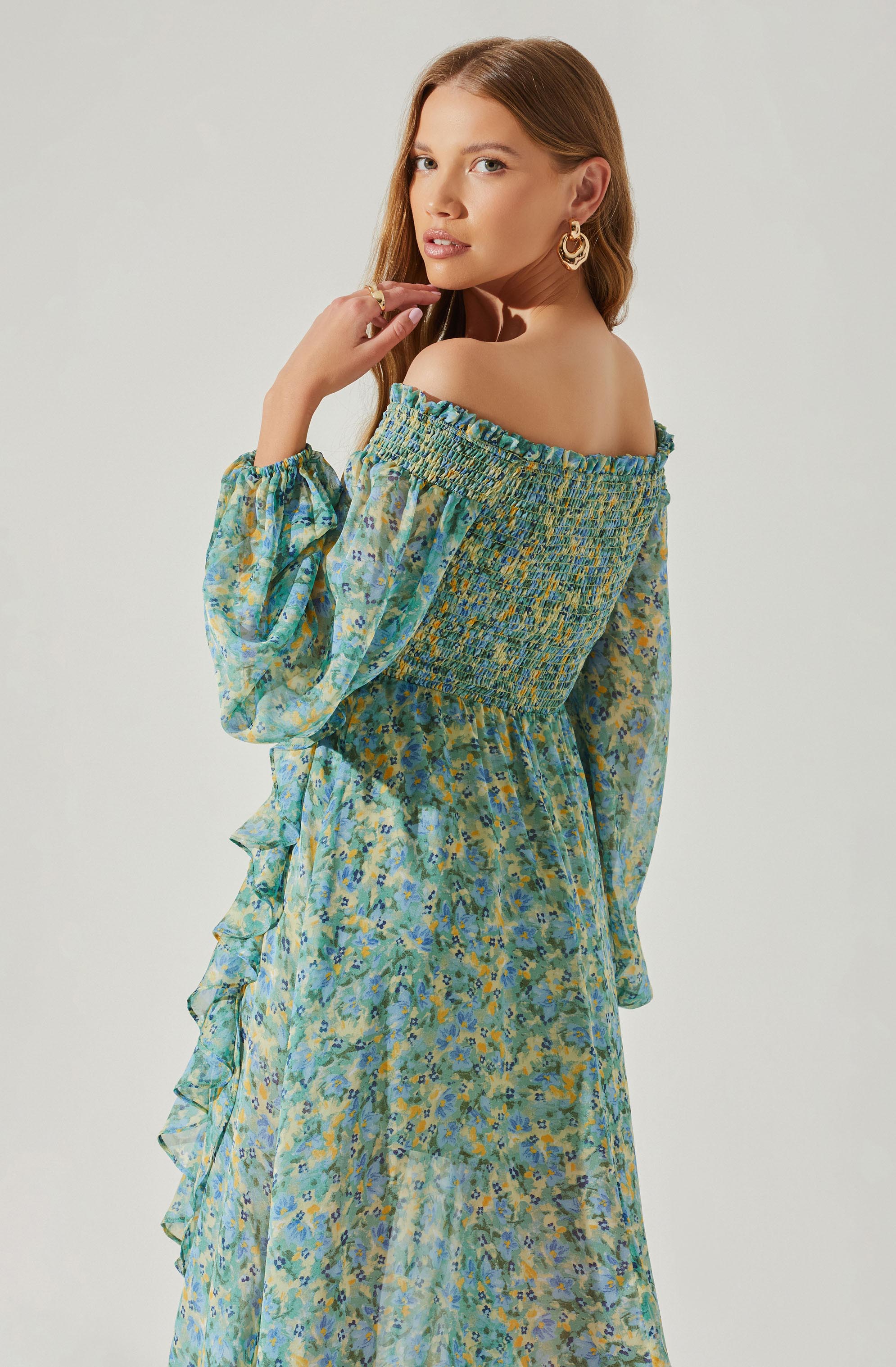 Katlynne Floral Off Shoulder Long Sleeve Maxi Dress-Aljck