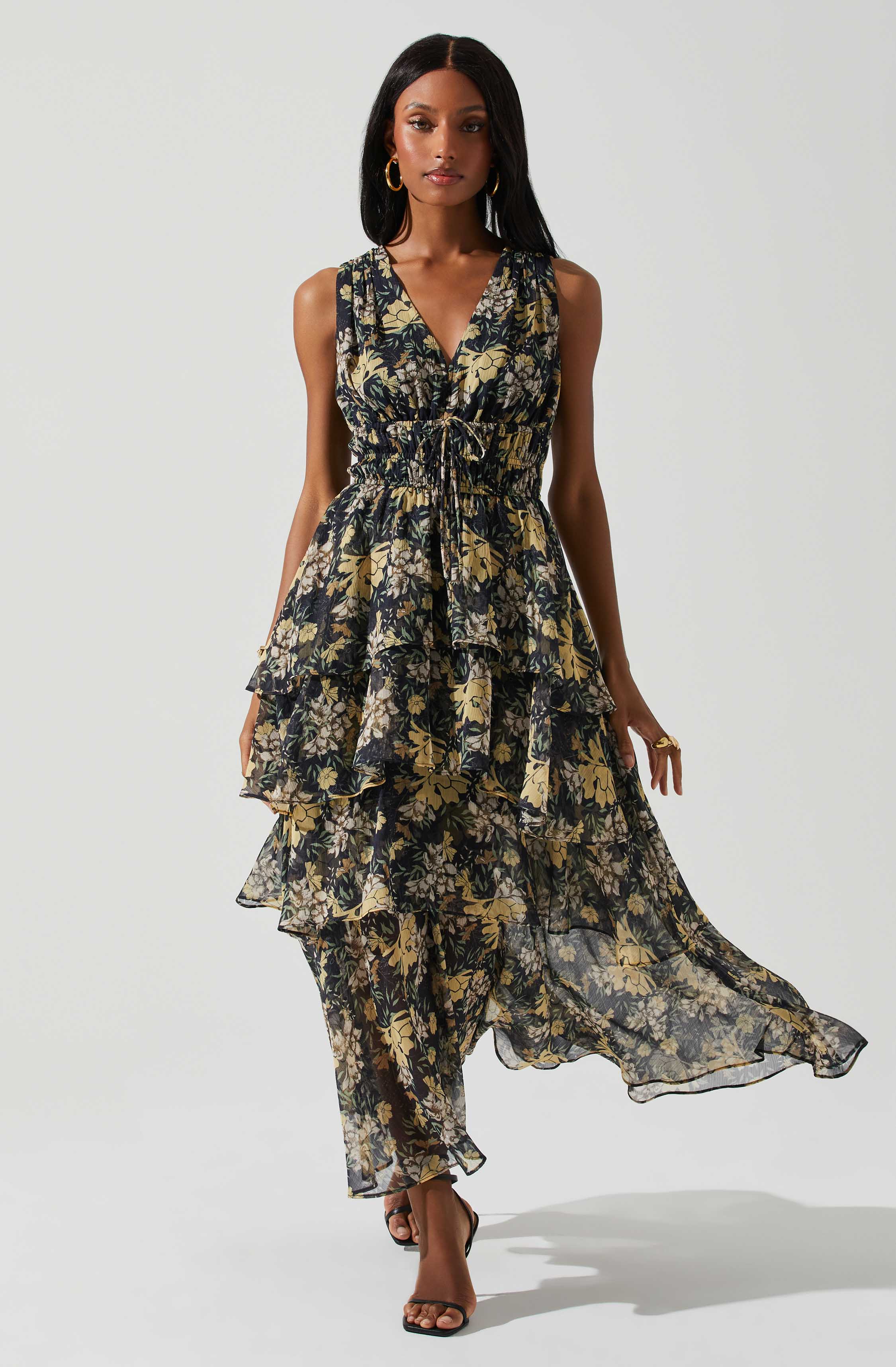 Kali Sleeveless Smocked Waist Floral Maxi Dress-Aljck