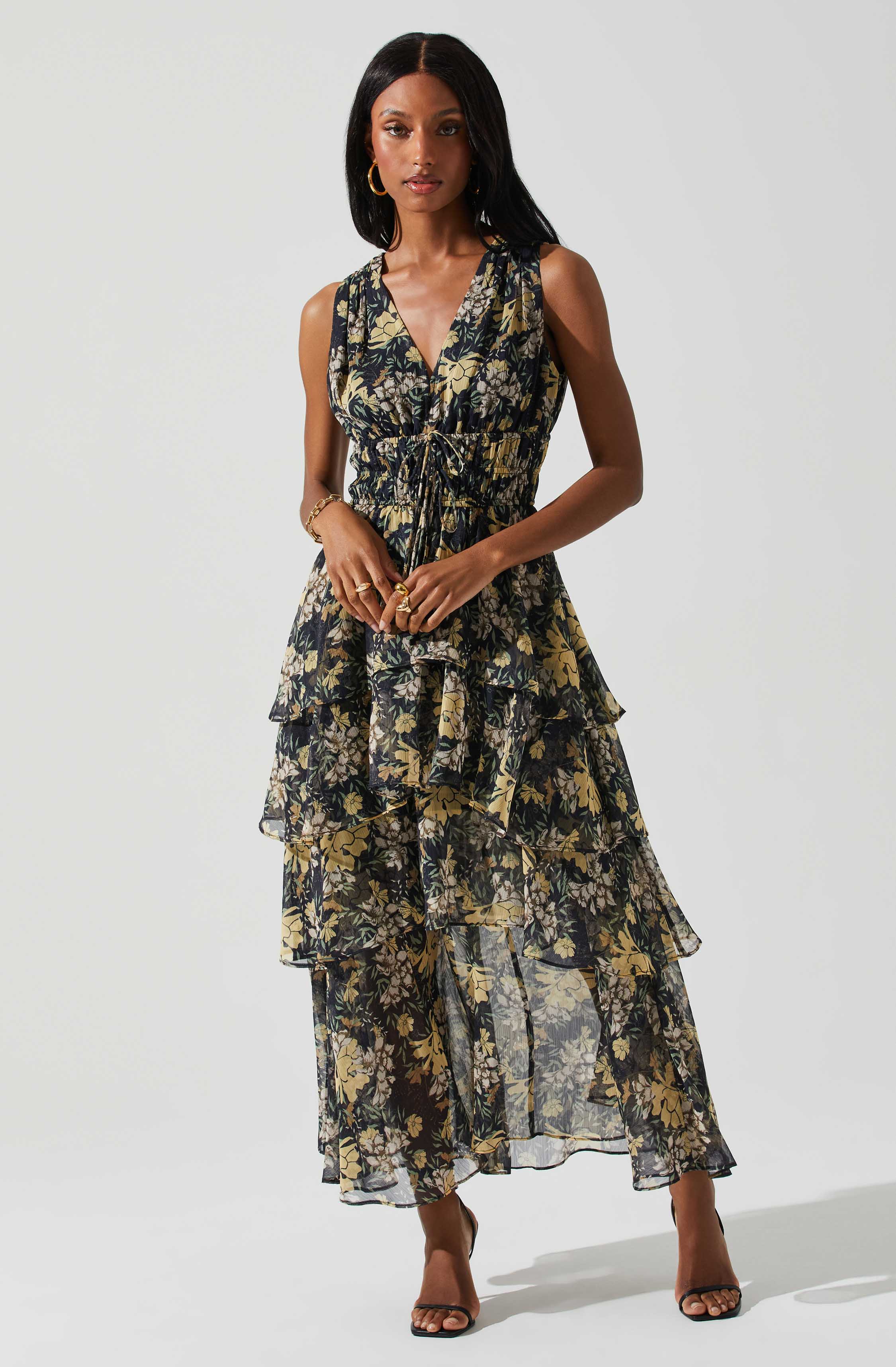 Kali Sleeveless Smocked Waist Floral Maxi Dress-Aljck
