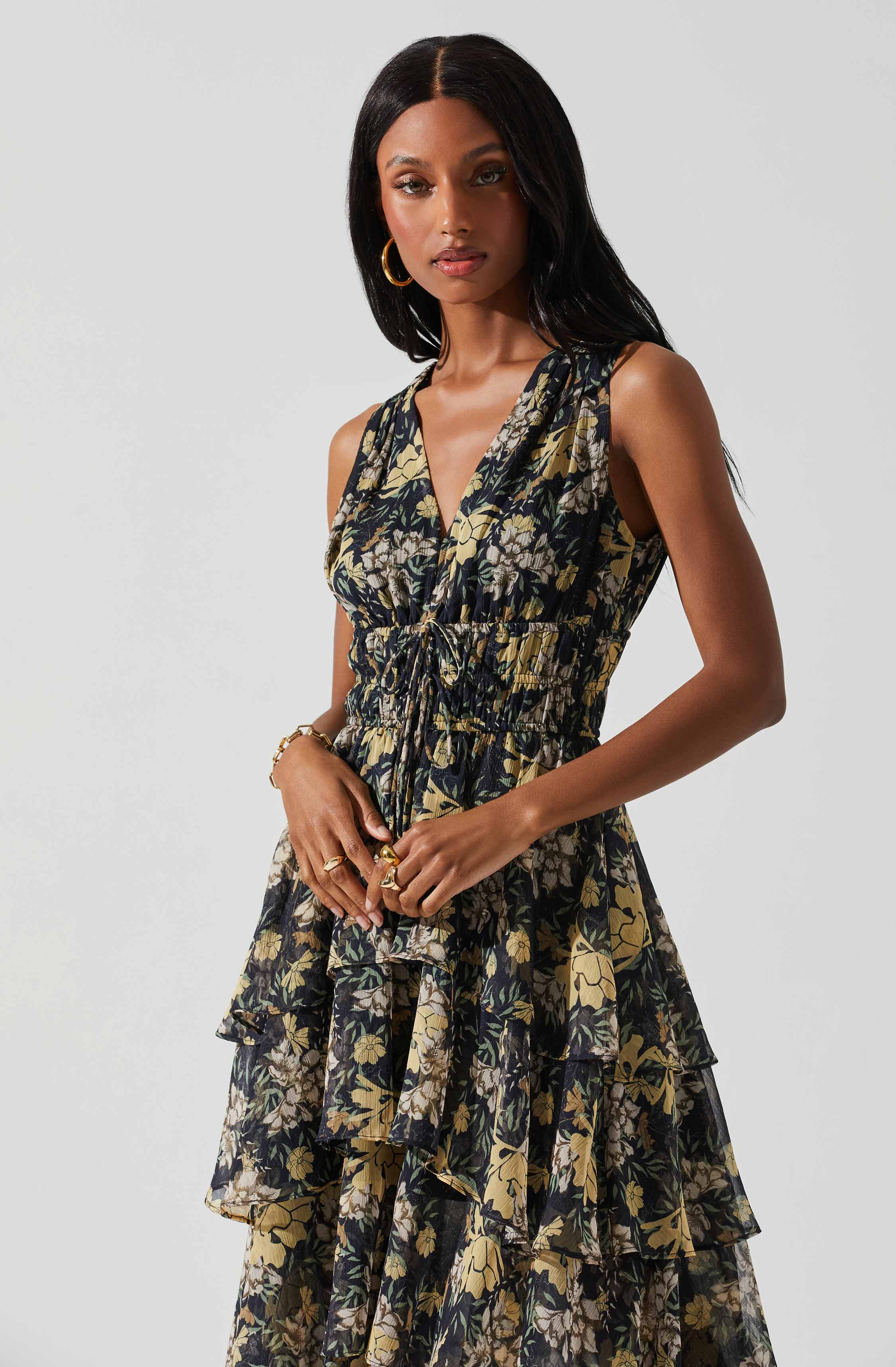 Kali Sleeveless Smocked Waist Floral Maxi Dress-Aljck