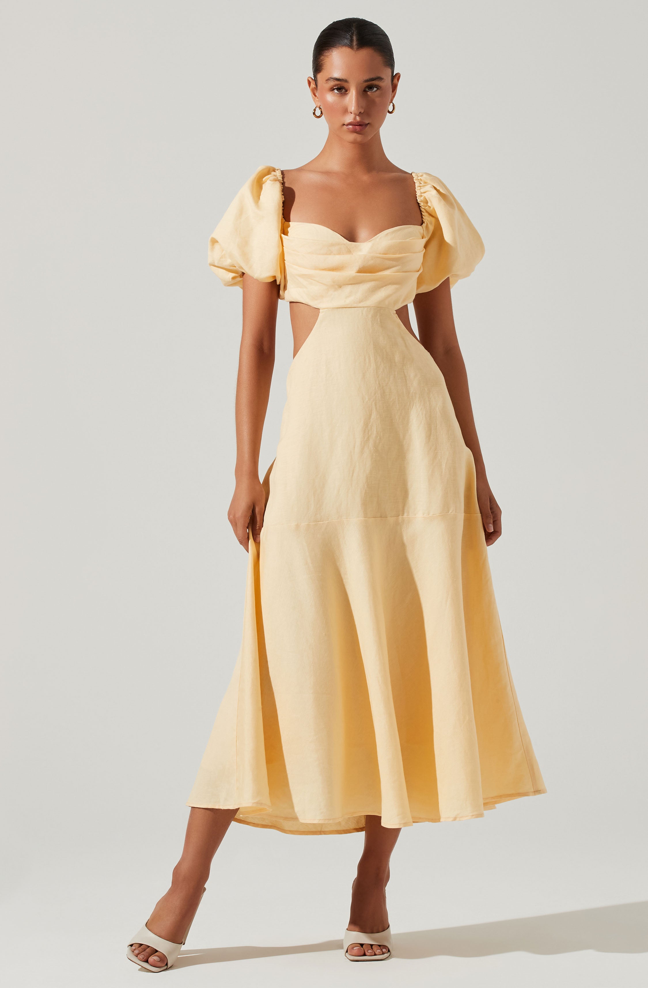Winley Puff Sleeve Cutout Midi Dress-Aljck