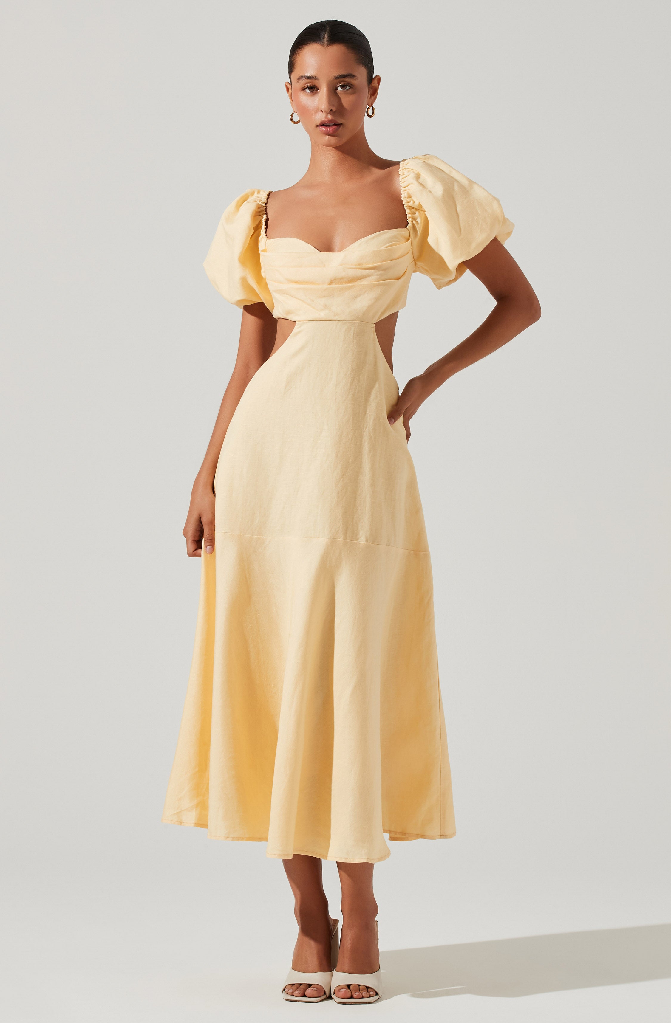 Winley Puff Sleeve Cutout Midi Dress-Aljck