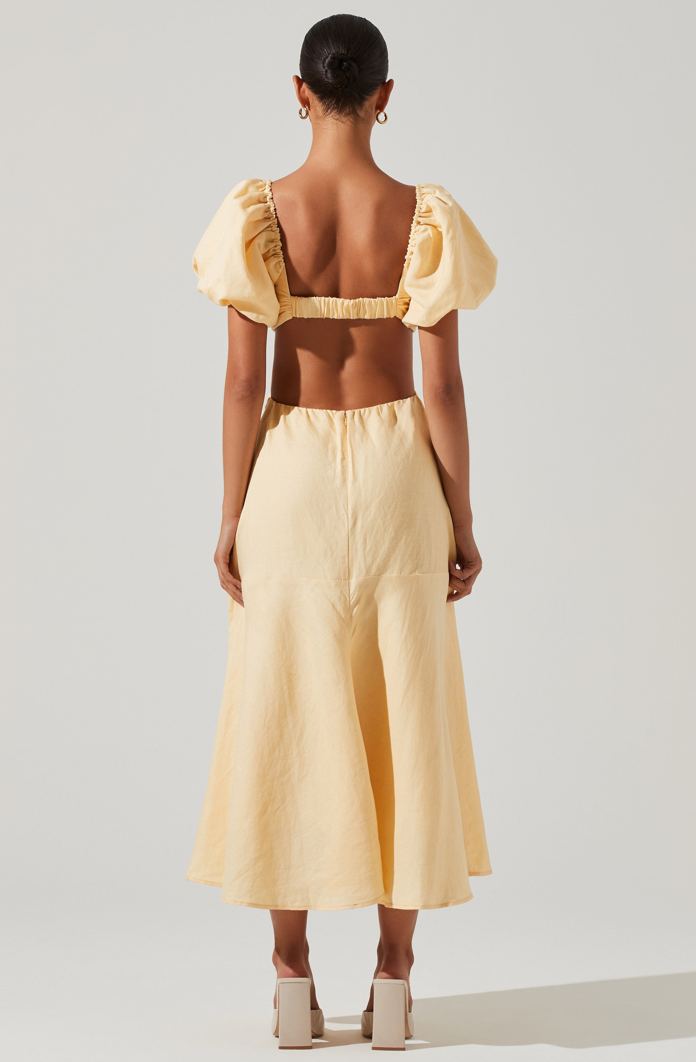 Winley Puff Sleeve Cutout Midi Dress-Aljck