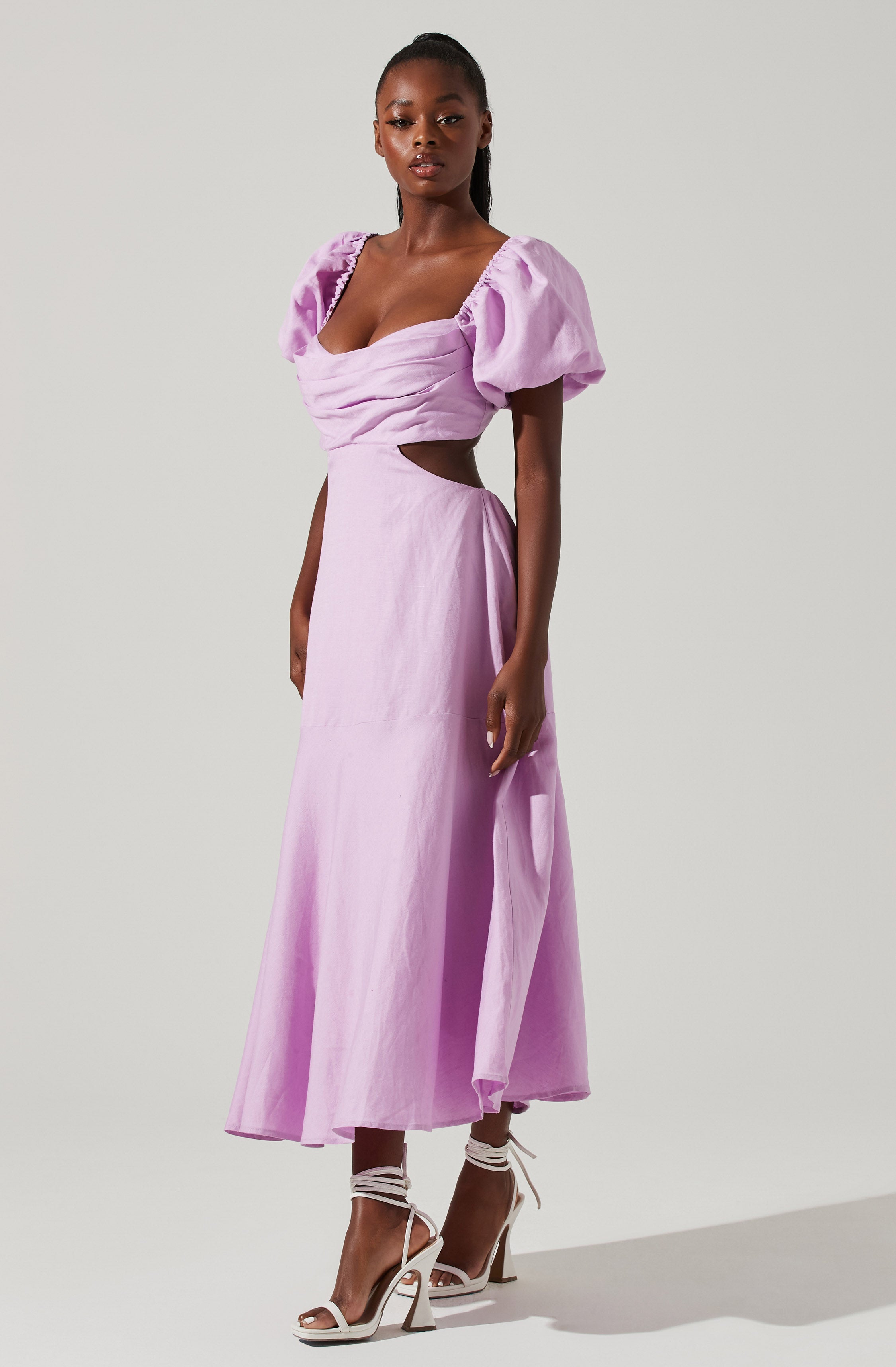 Winley Puff Sleeve Cutout Midi Dress-Aljck