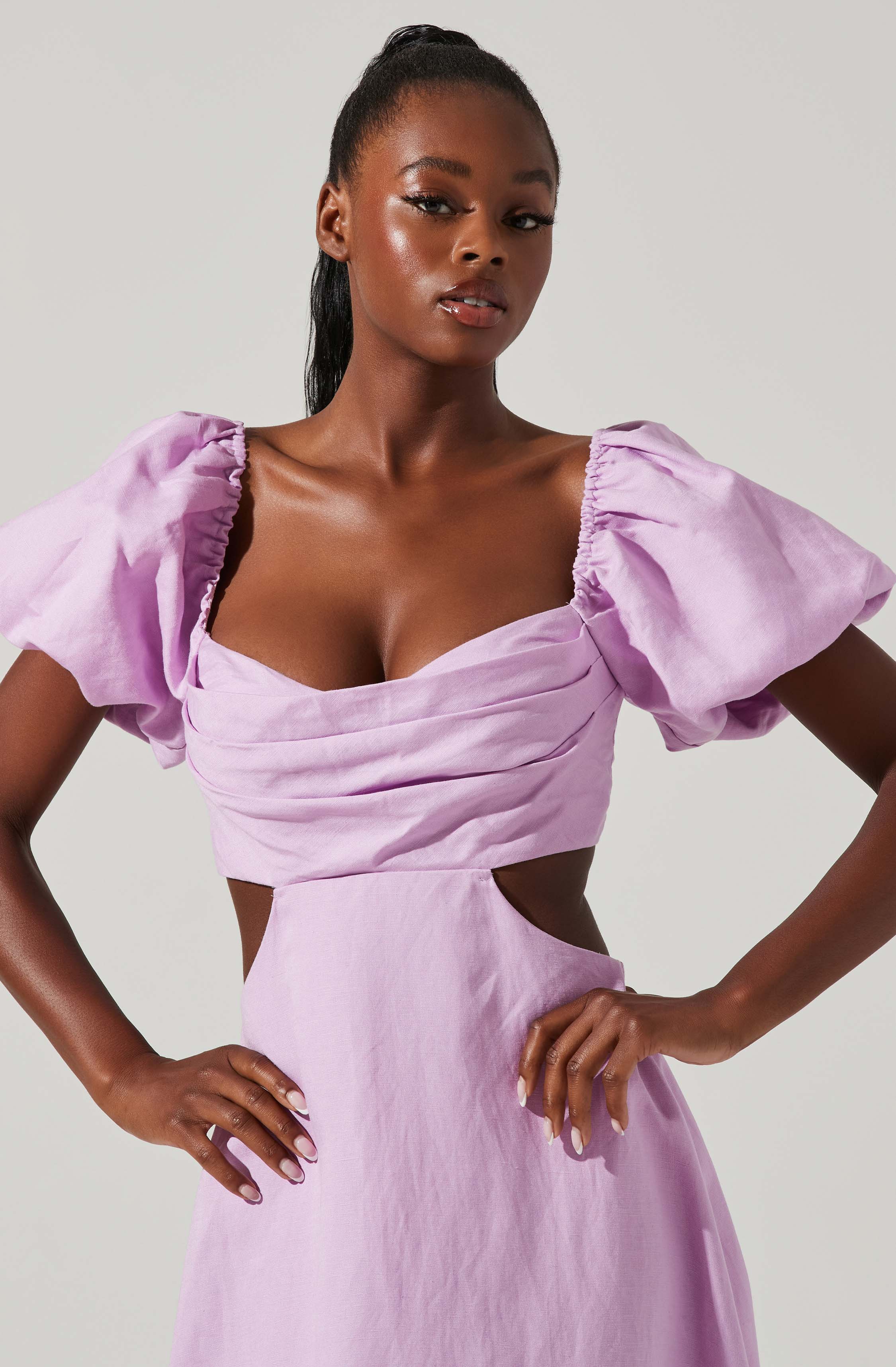 Winley Puff Sleeve Cutout Midi Dress-Aljck