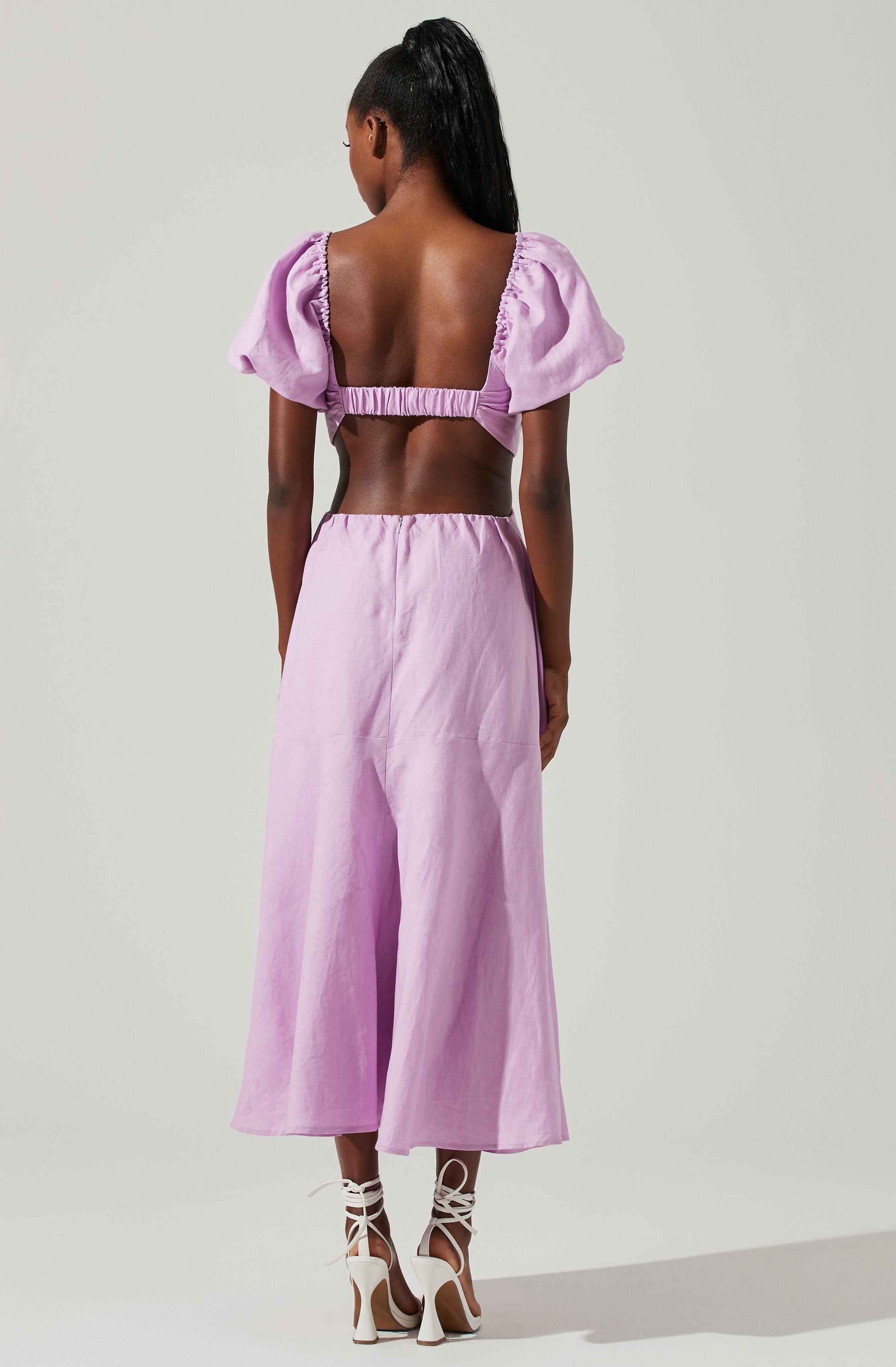 Winley Puff Sleeve Cutout Midi Dress-Aljck