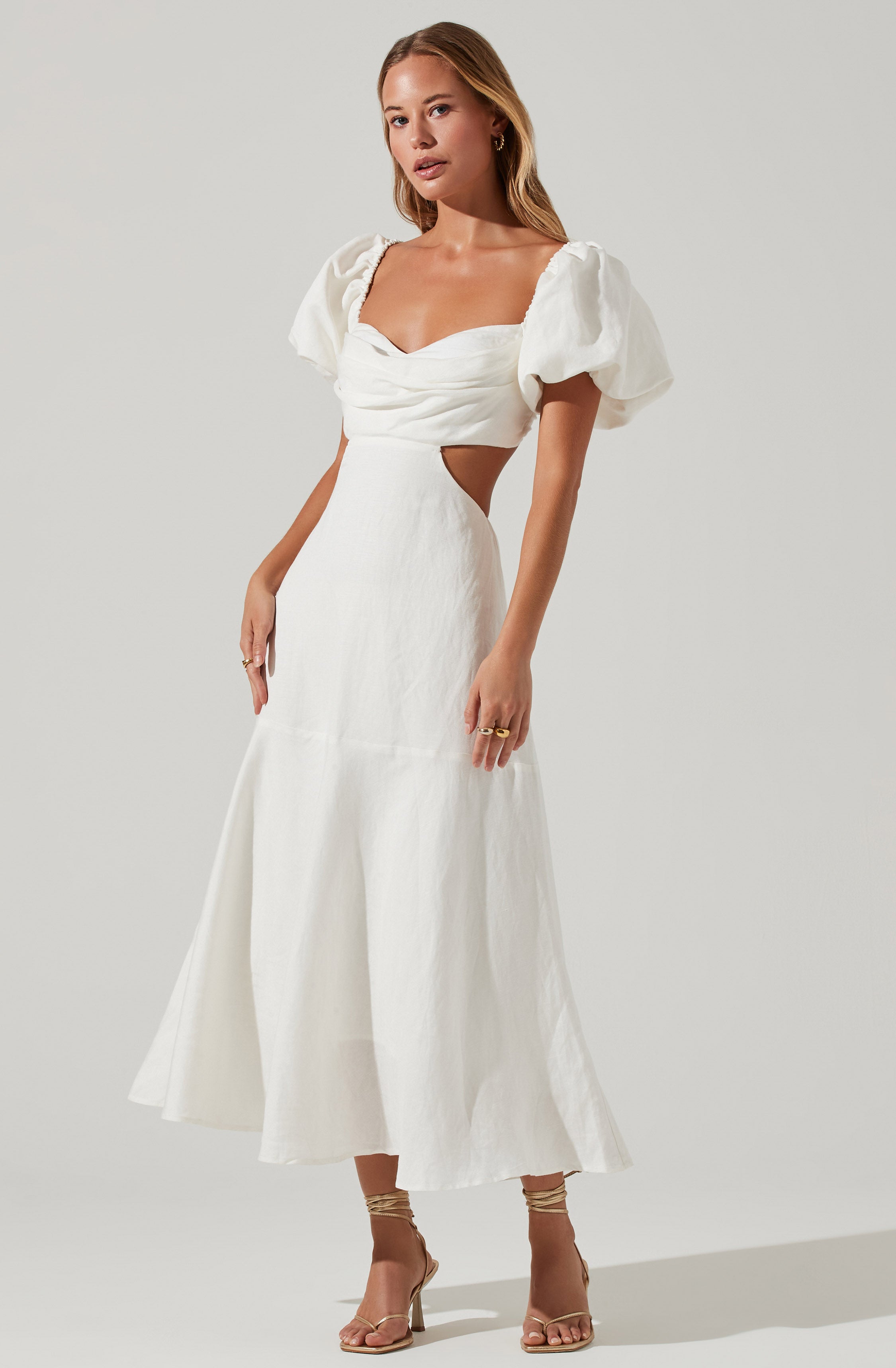 Winley Puff Sleeve Cutout Midi Dress-Aljck