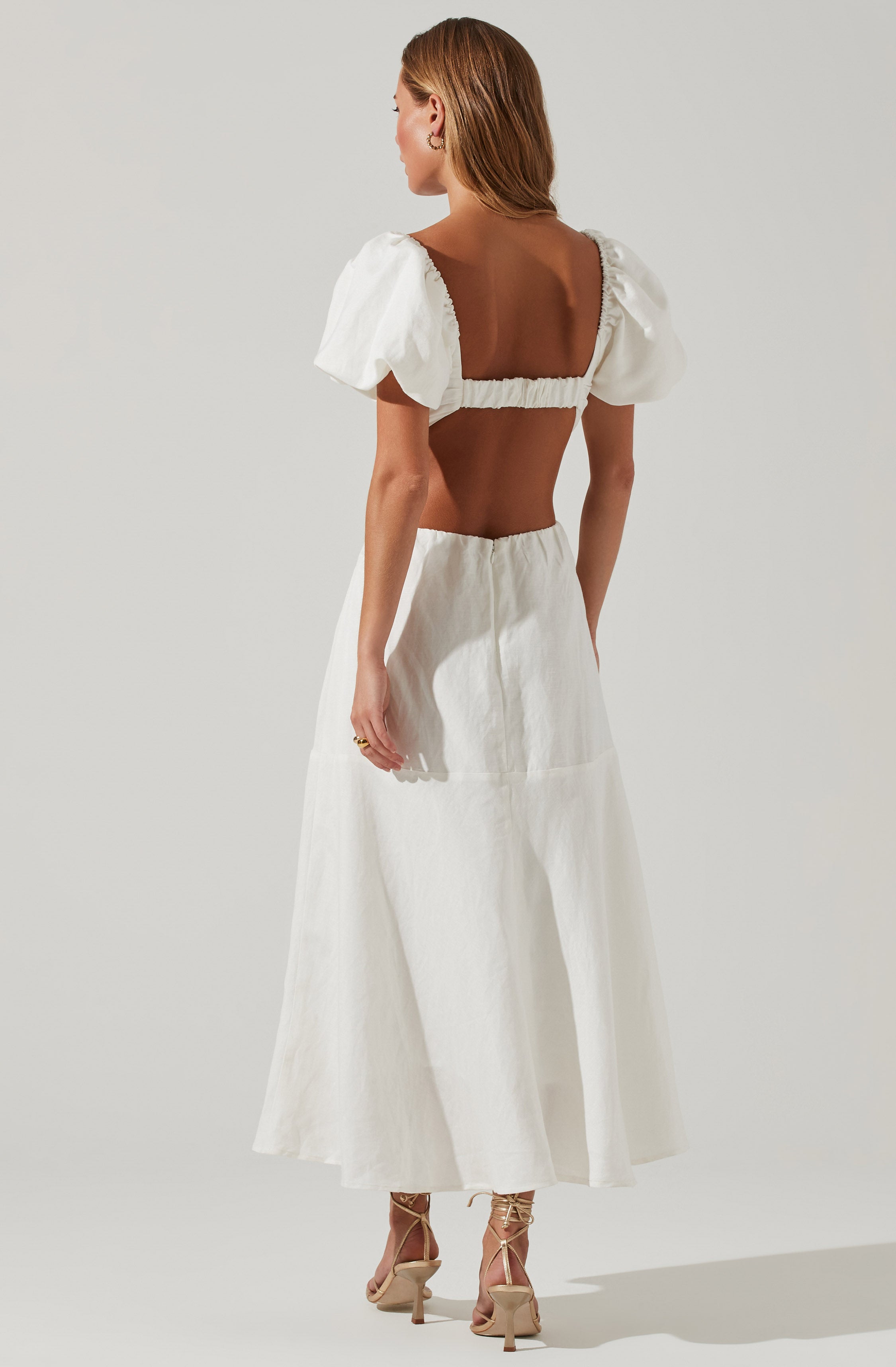 Winley Puff Sleeve Cutout Midi Dress-Aljck