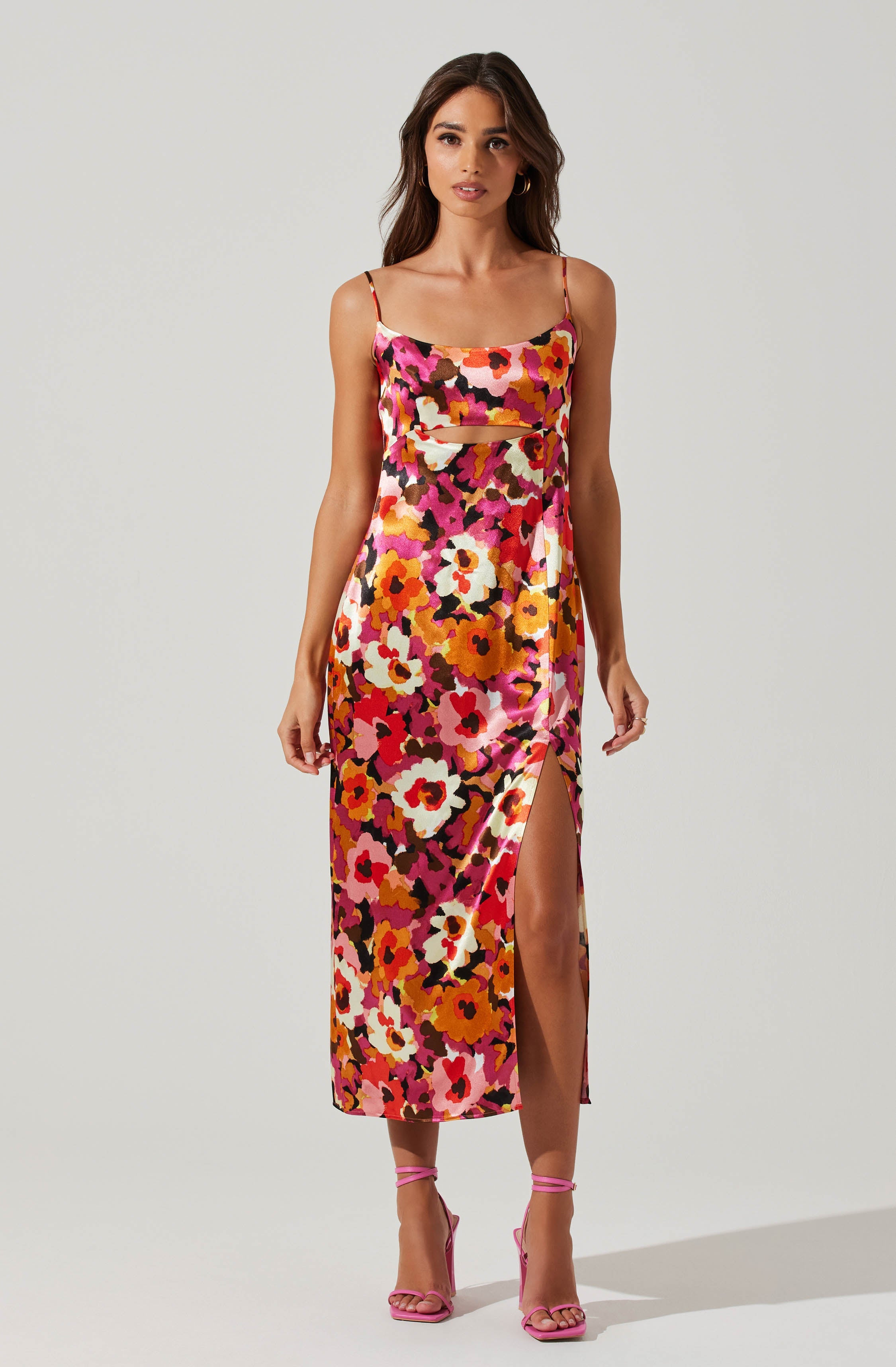 Chelsi Floral Satin Midi Dress-Aljck