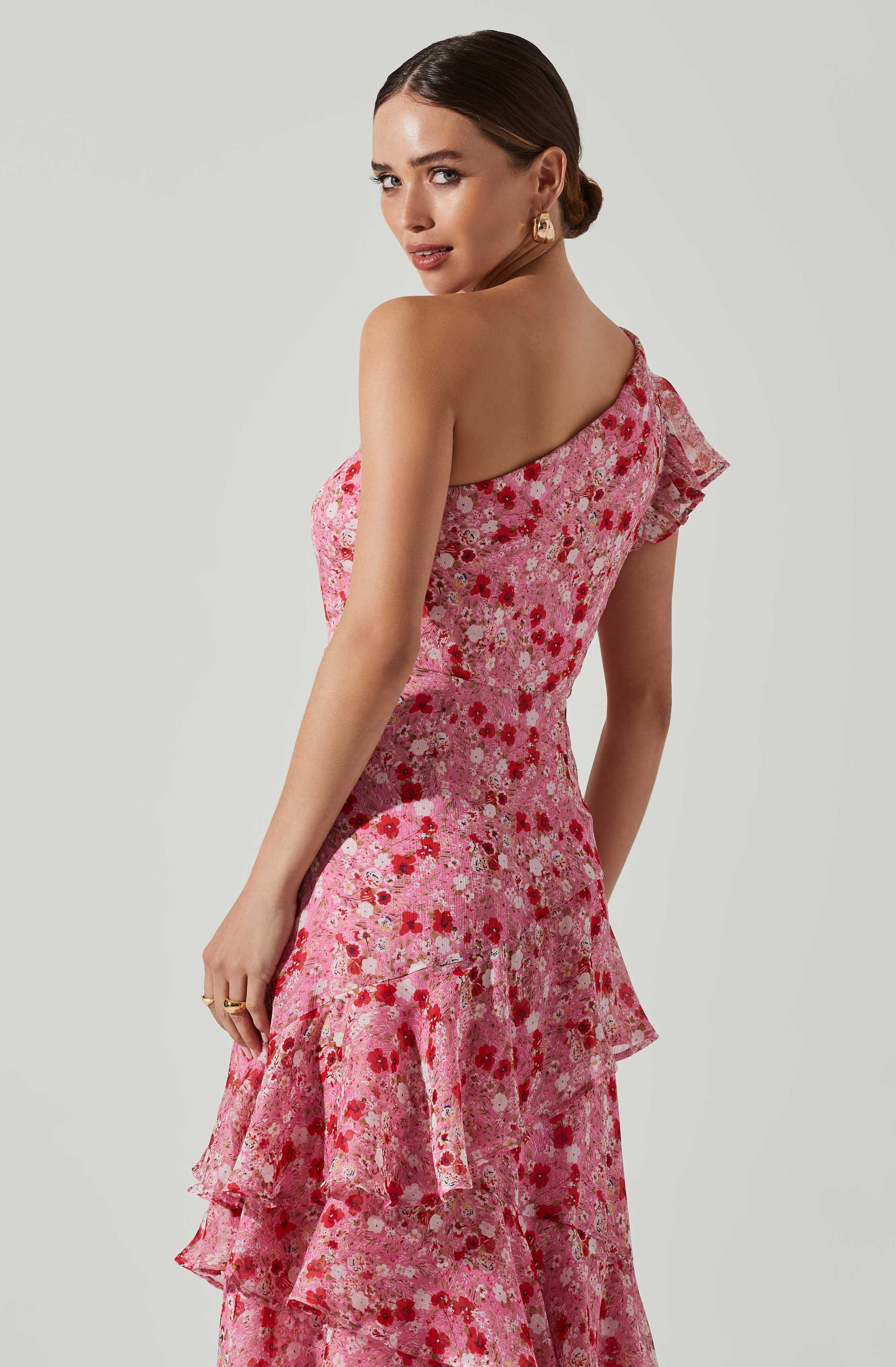 Victoriana One Shoulder Floral Midi Dress-Aljck