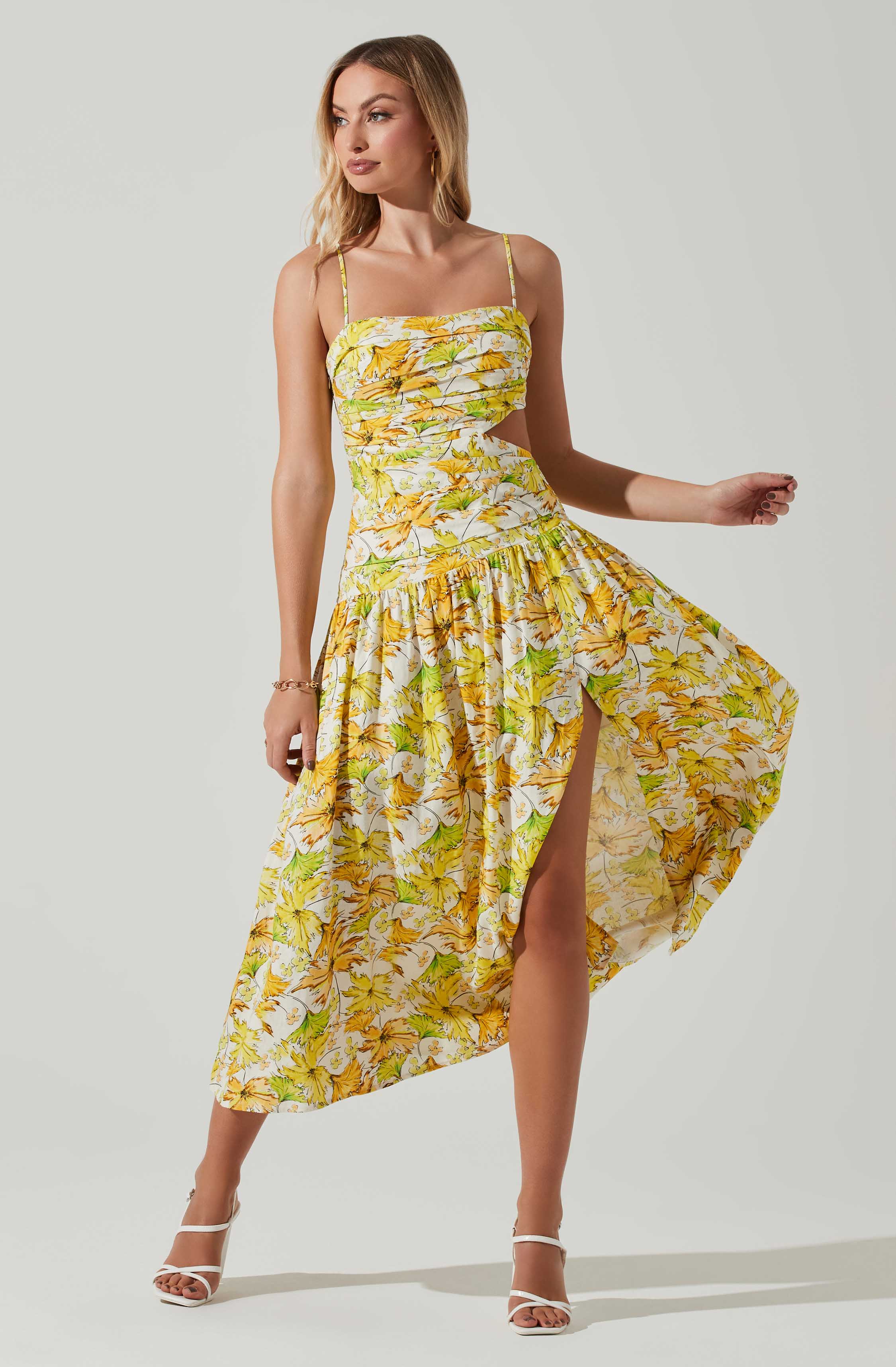 Kalina Floral Pleated Bust Midi Dress-Aljck