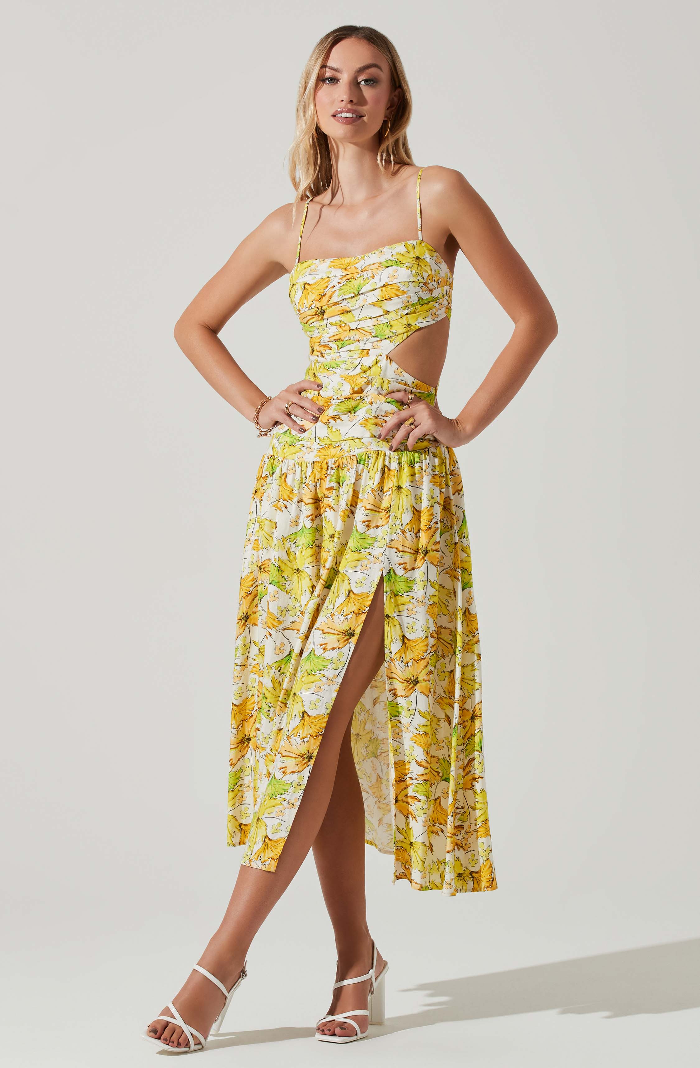 Kalina Floral Pleated Bust Midi Dress-Aljck