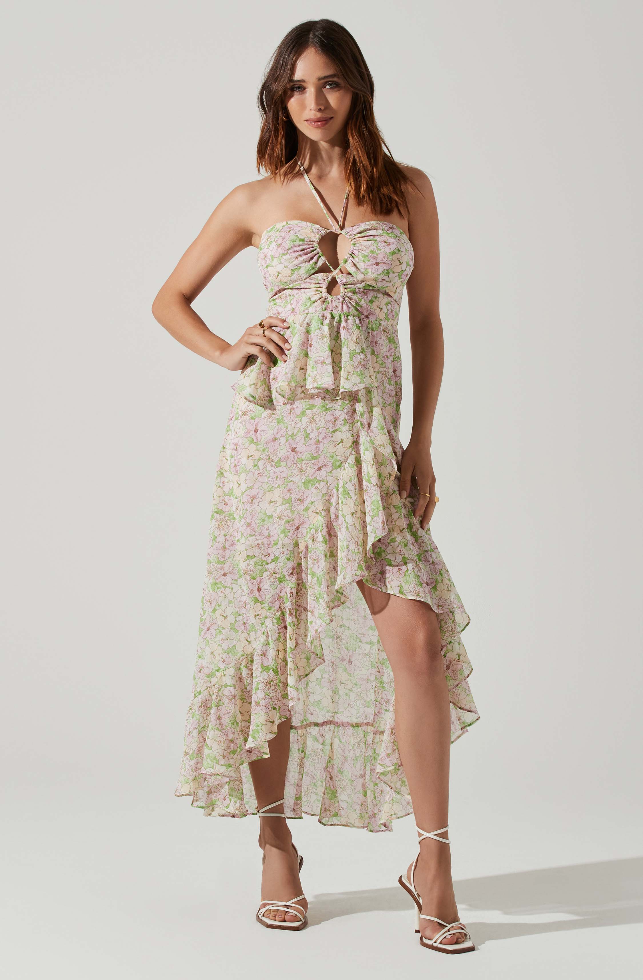Vivee Floral Asymmetrical Halter Maxi Dress-Aljck