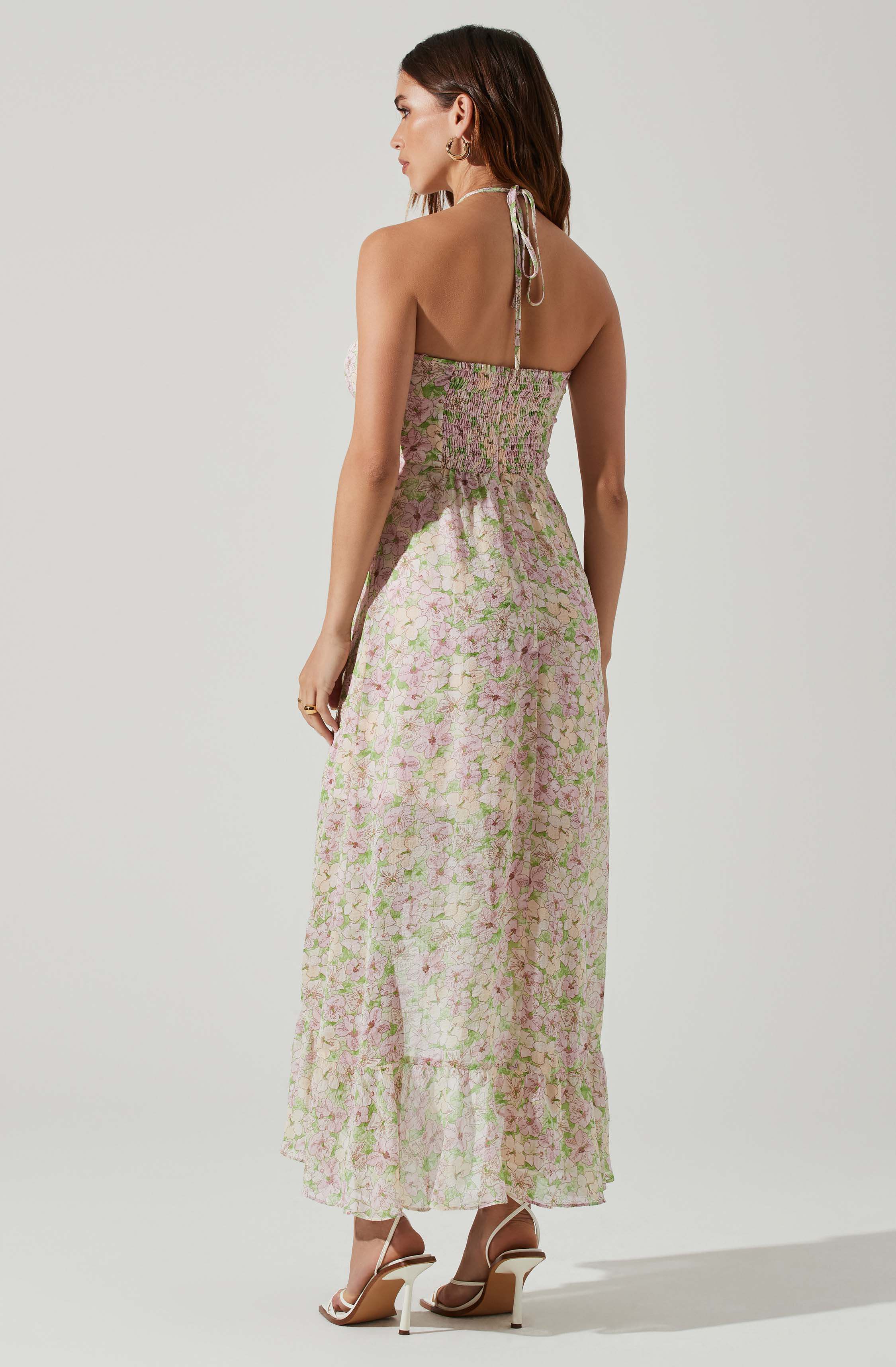 Vivee Floral Asymmetrical Halter Maxi Dress-Aljck