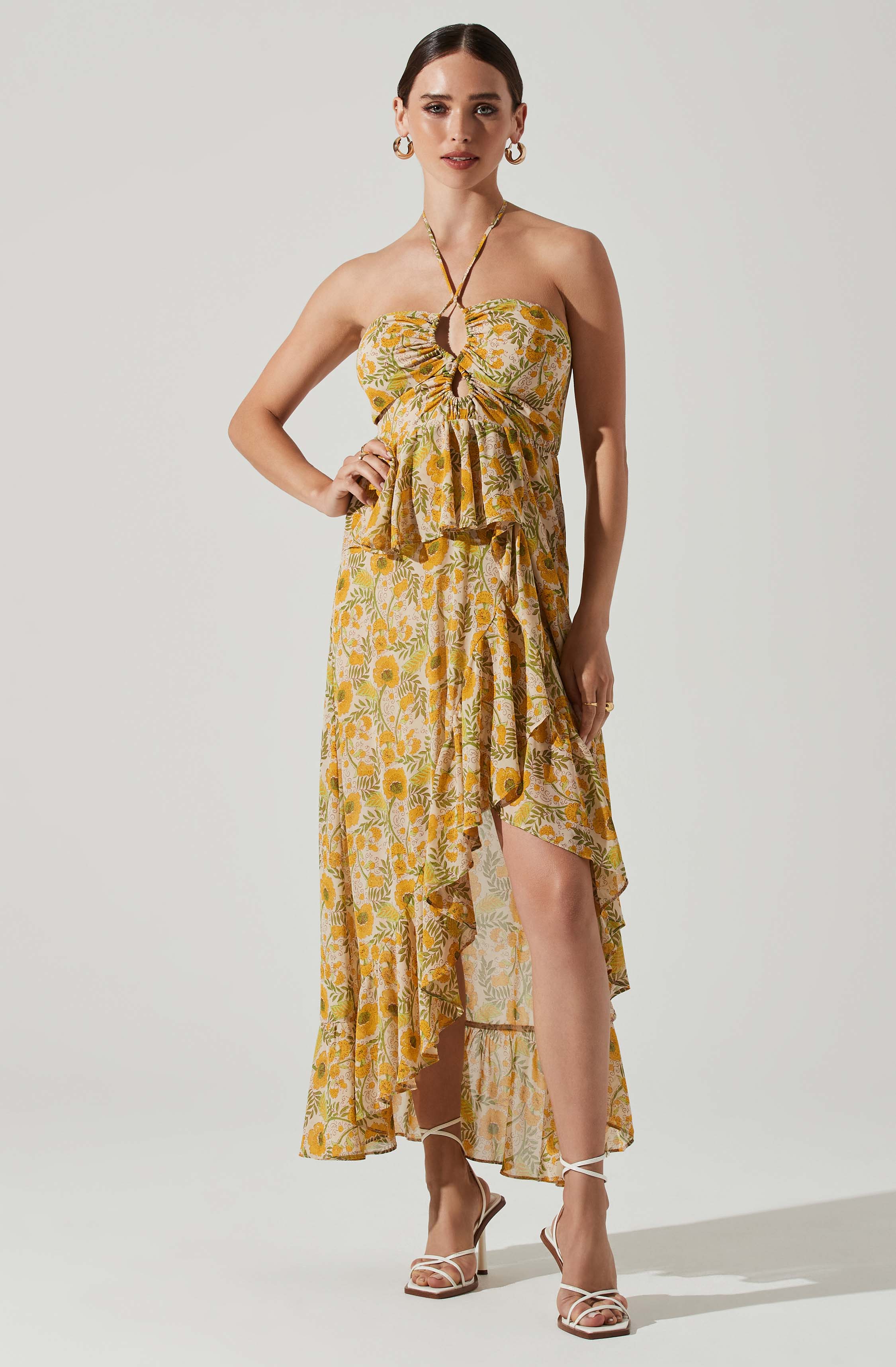 Vivee Floral Asymmetrical Halter Maxi Dress-Aljck