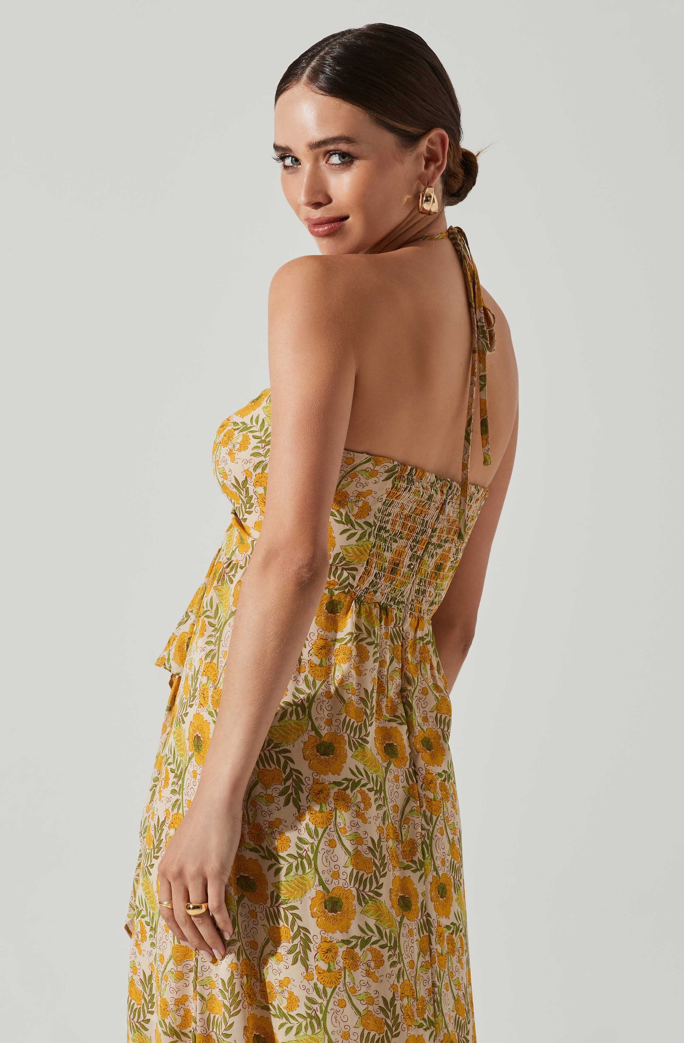 Vivee Floral Asymmetrical Halter Maxi Dress-Aljck