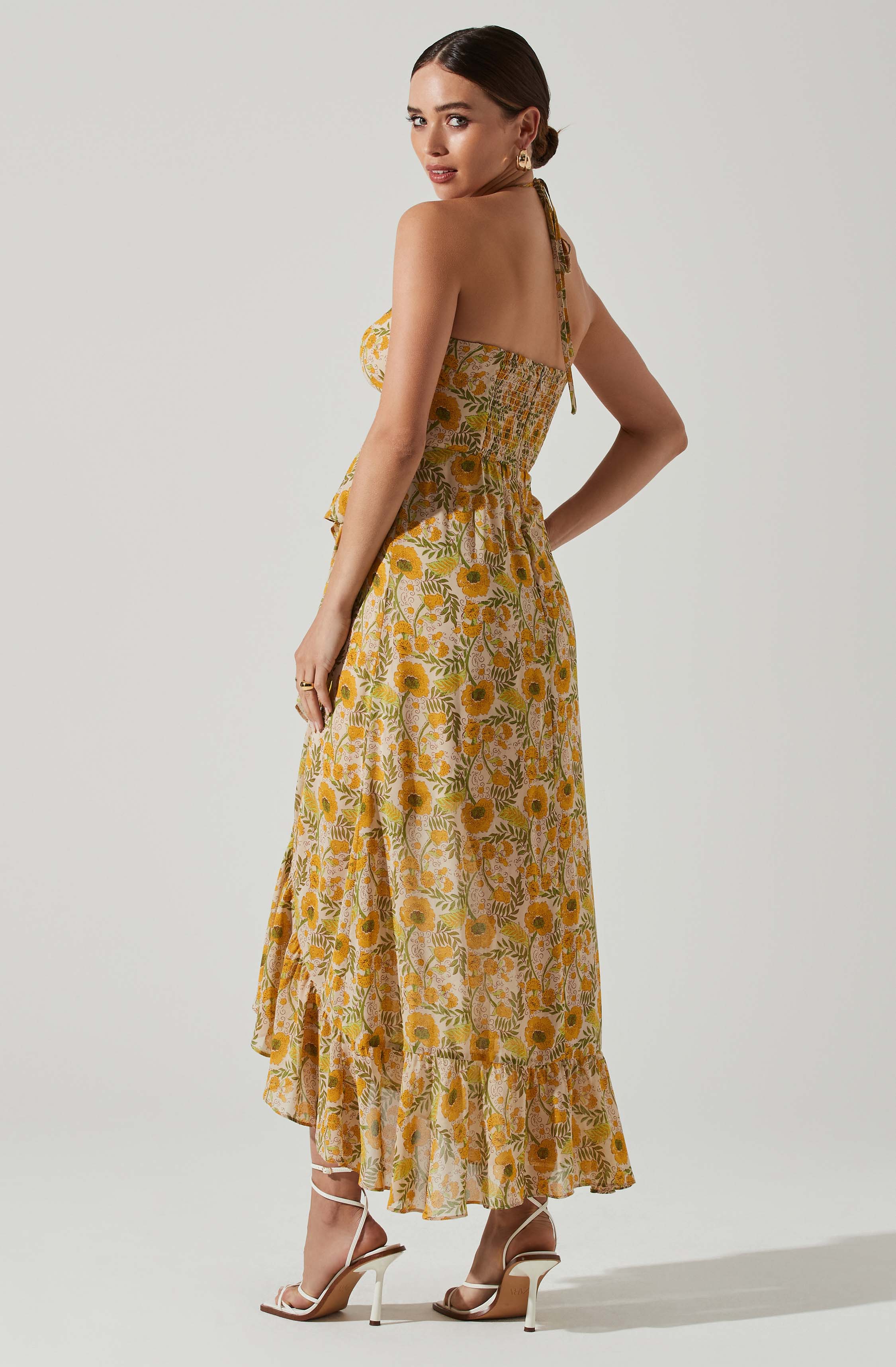 Vivee Floral Asymmetrical Halter Maxi Dress-Aljck