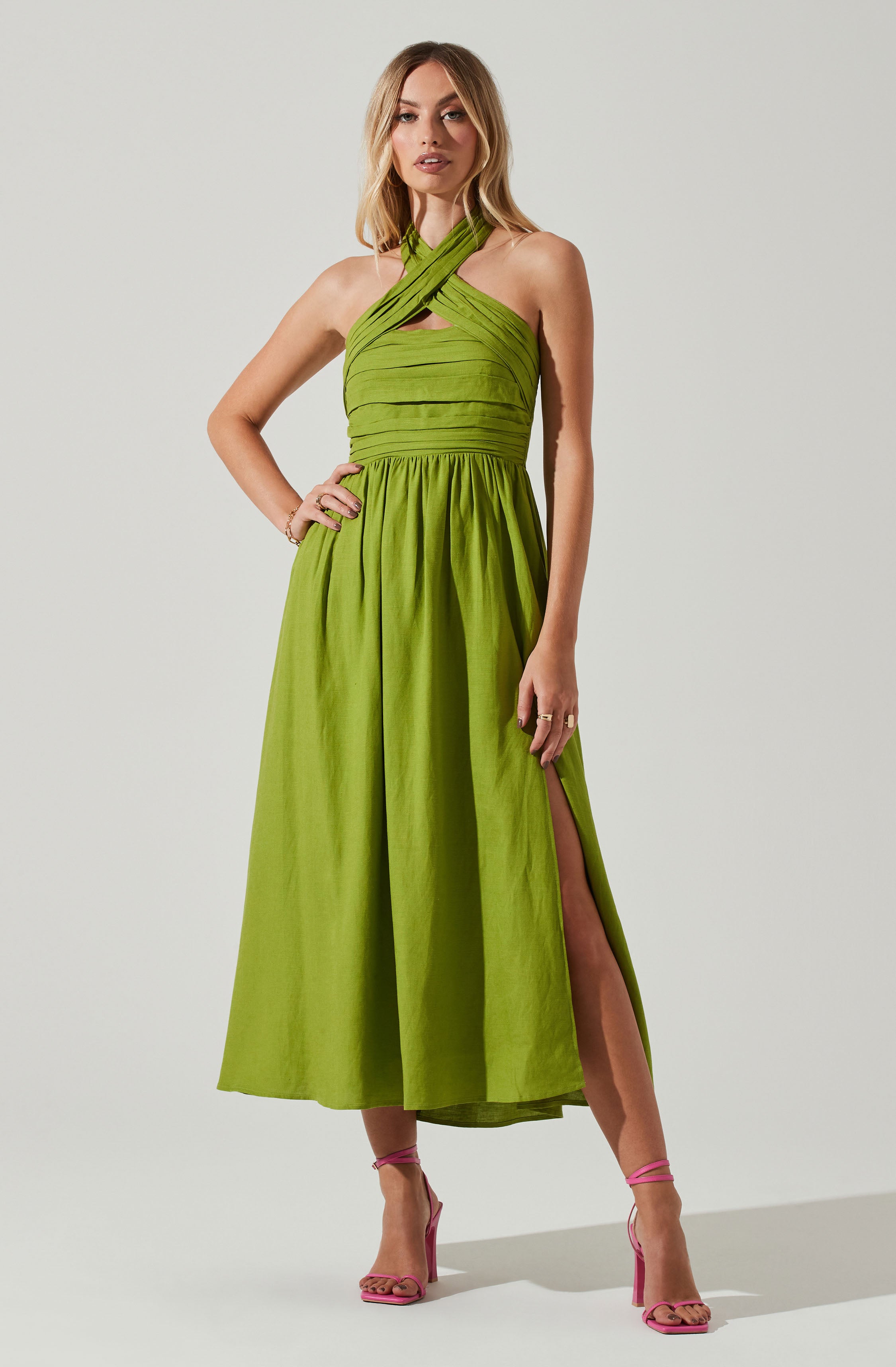 Zaria Pleated Halter Midi Dress-Aljck