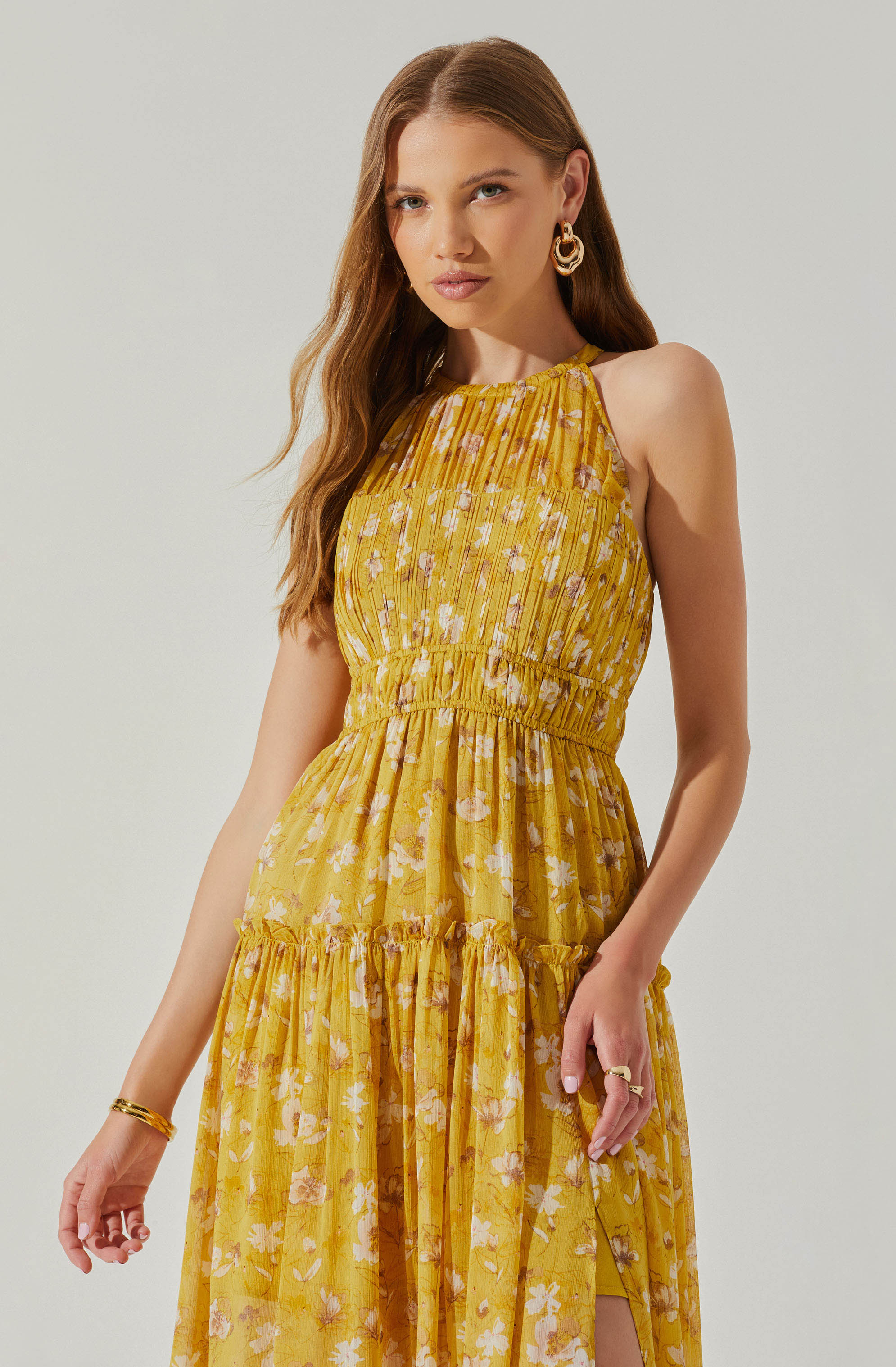 Maryam Floral Tie Neck Tiered Midi Dress-Aljck