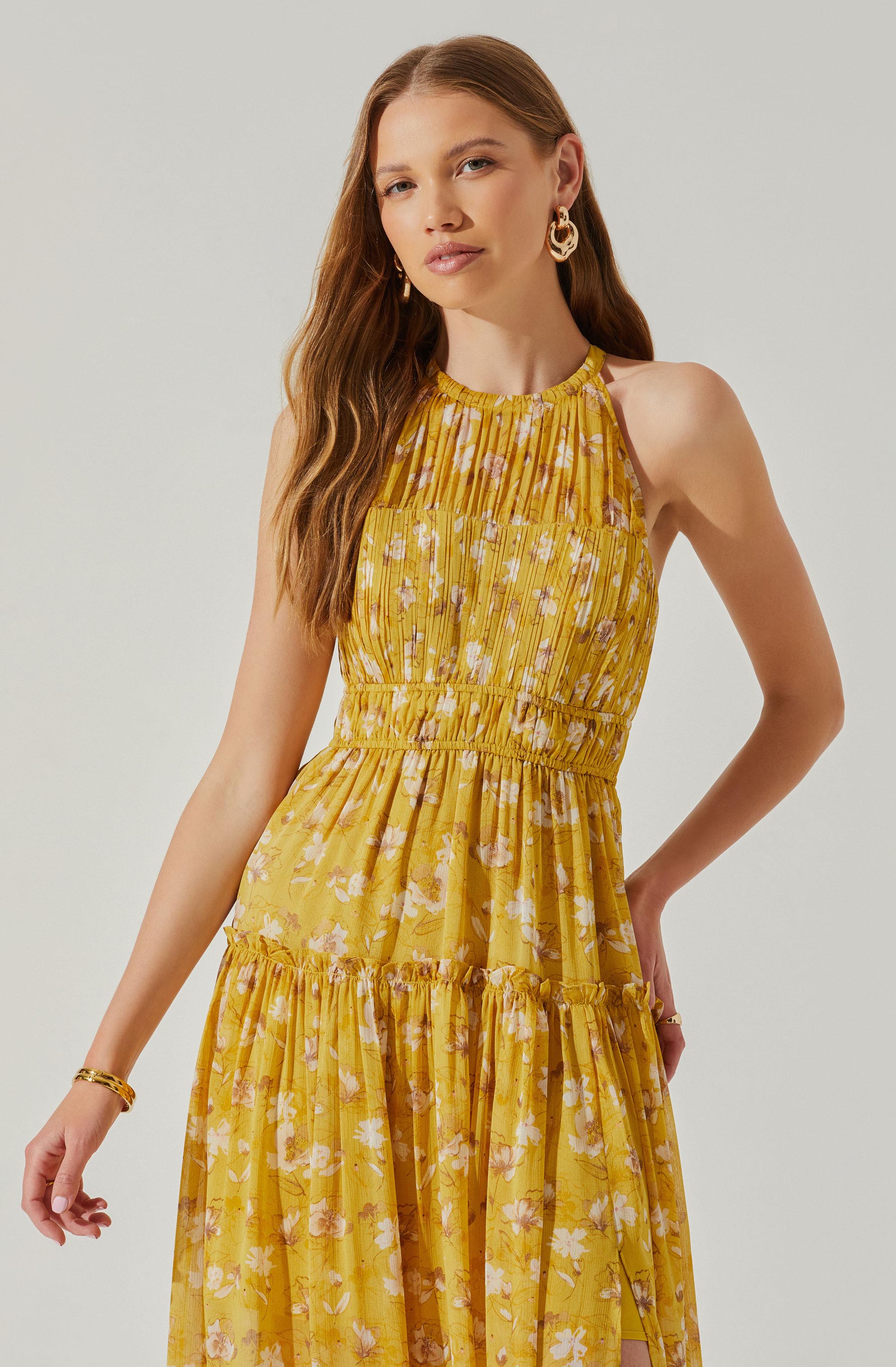 Maryam Floral Tie Neck Tiered Midi Dress-Aljck