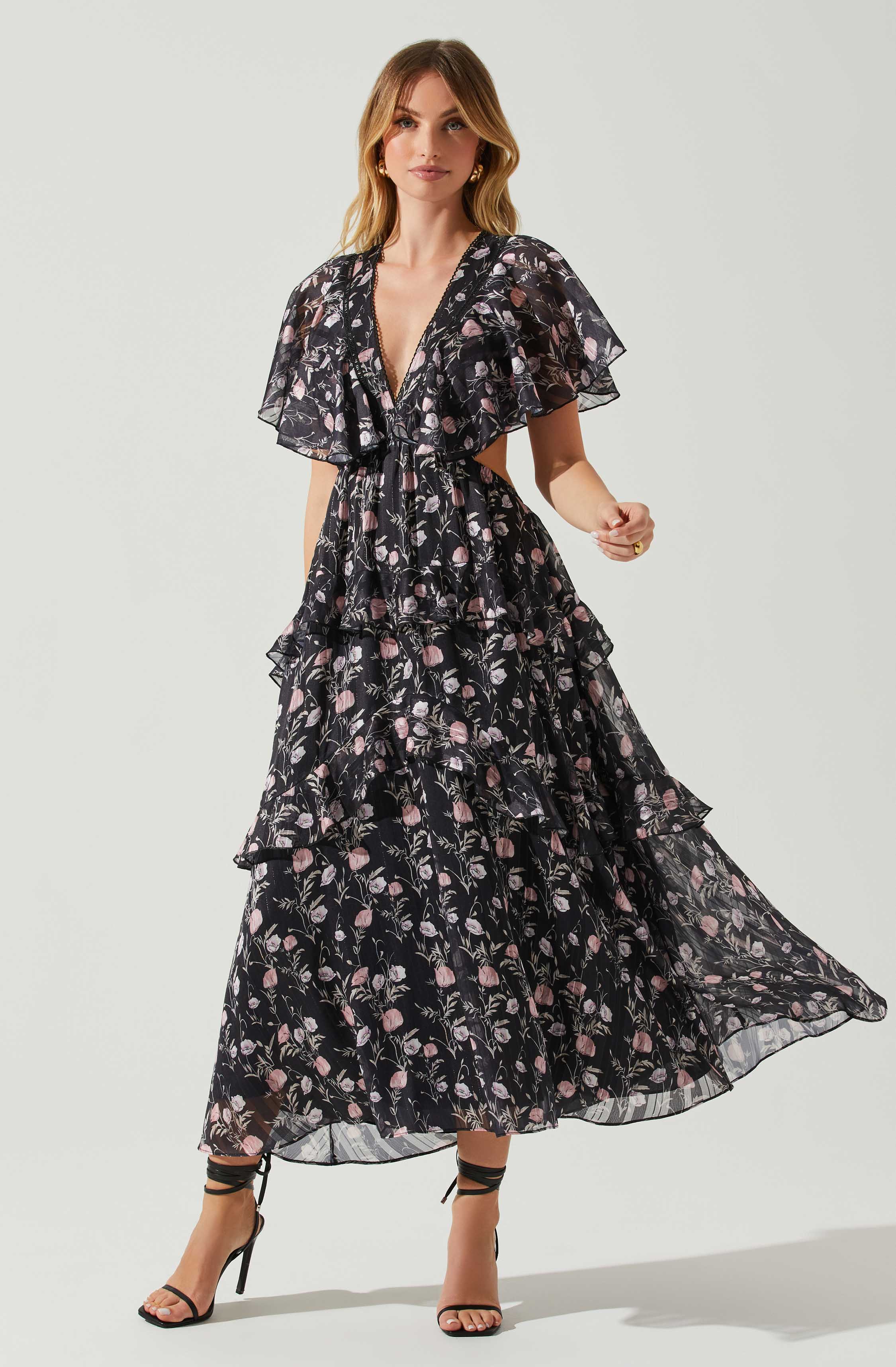 Lucy Flutter Sleeve Floral Cutout Maxi Dress-Aljck
