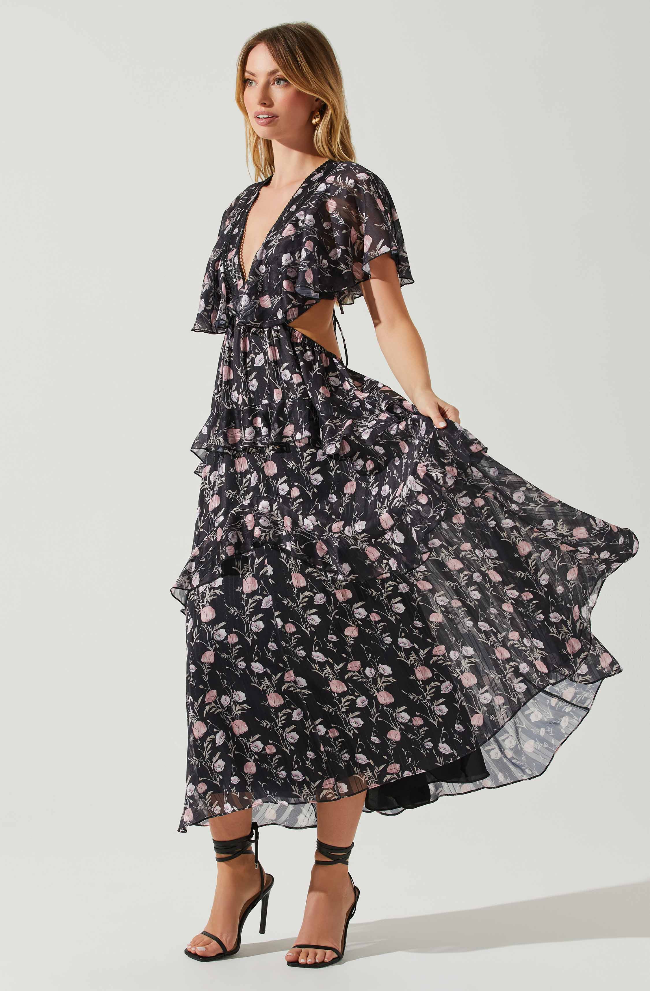 Lucy Flutter Sleeve Floral Cutout Maxi Dress-Aljck