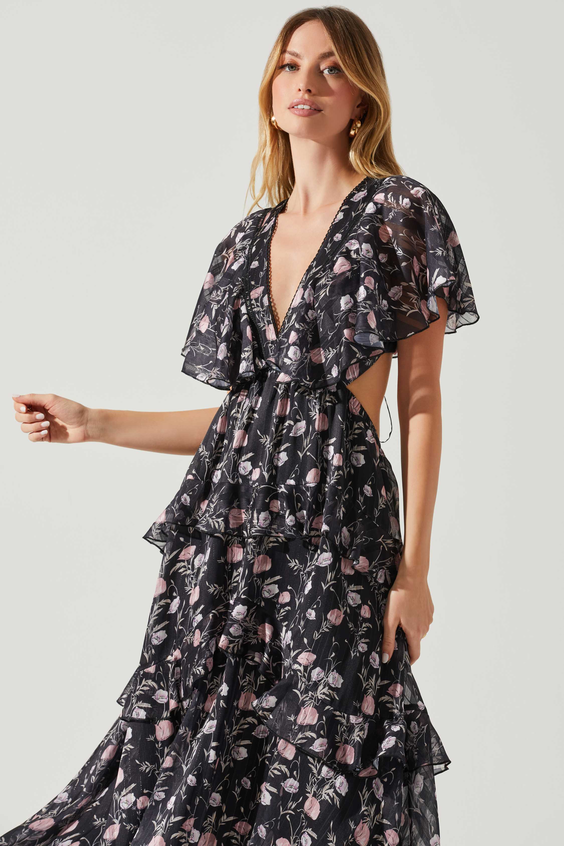 Lucy Flutter Sleeve Floral Cutout Maxi Dress-Aljck