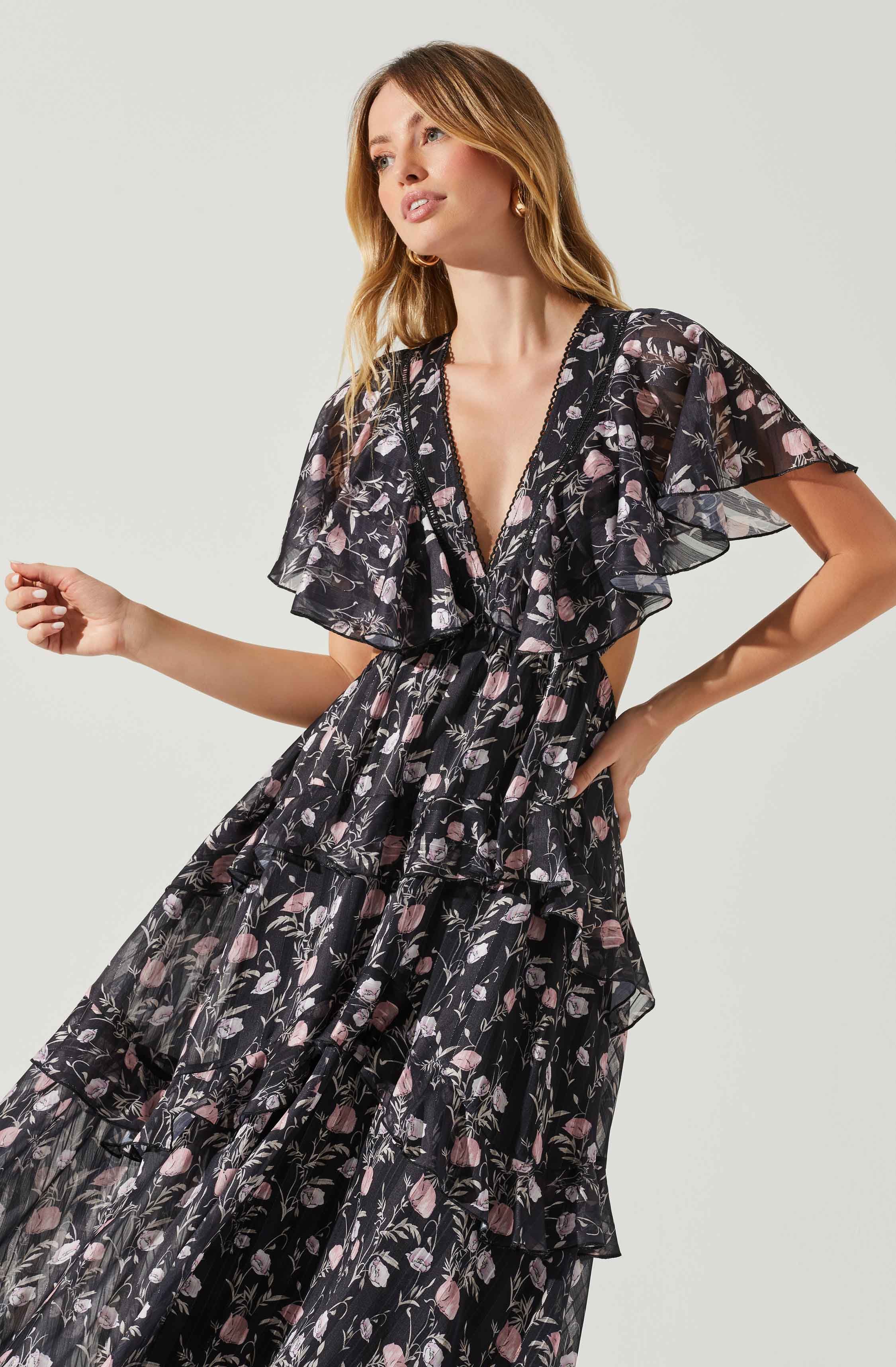 Lucy Flutter Sleeve Floral Cutout Maxi Dress-Aljck