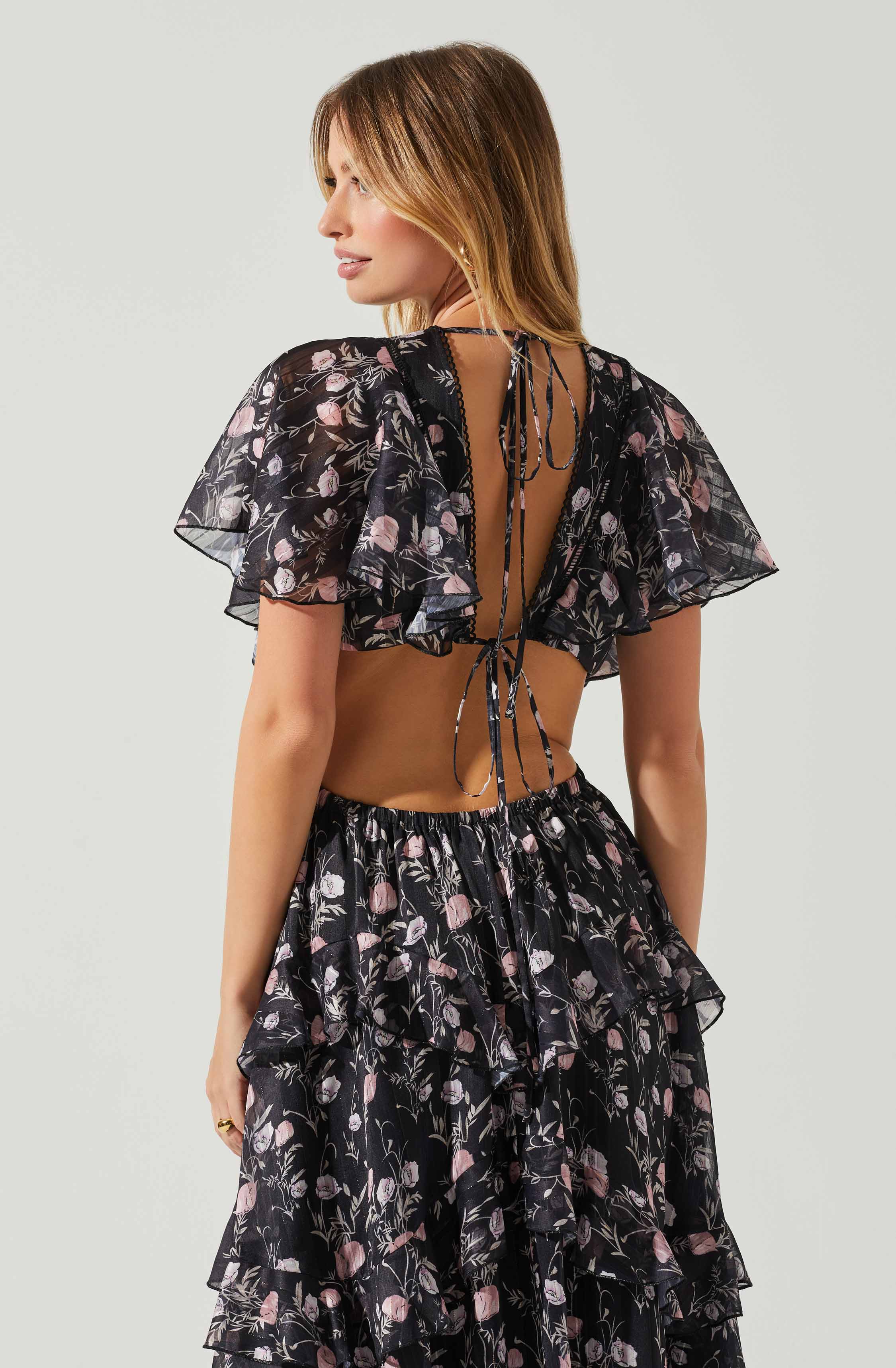 Lucy Flutter Sleeve Floral Cutout Maxi Dress-Aljck