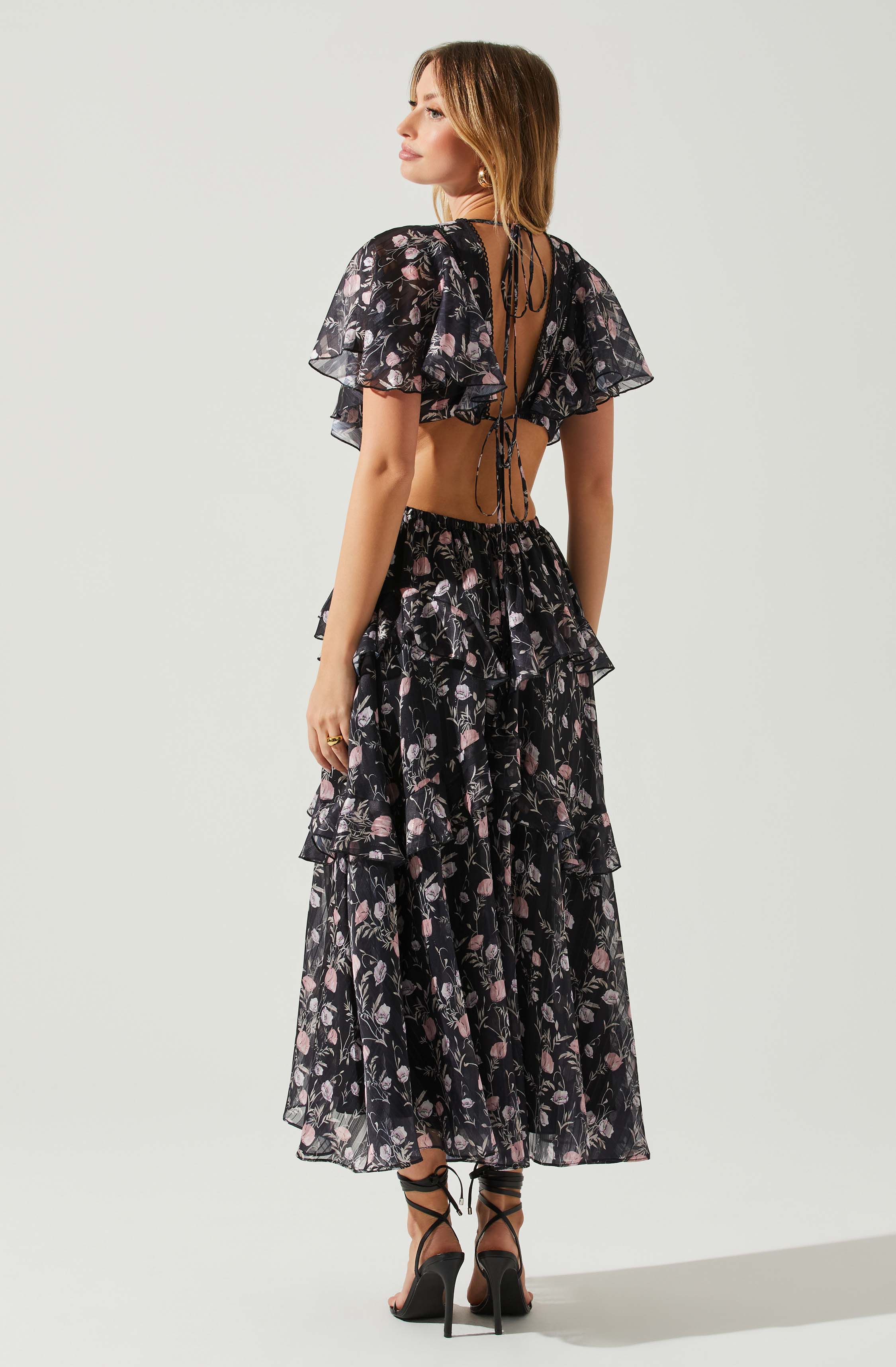 Lucy Flutter Sleeve Floral Cutout Maxi Dress-Aljck
