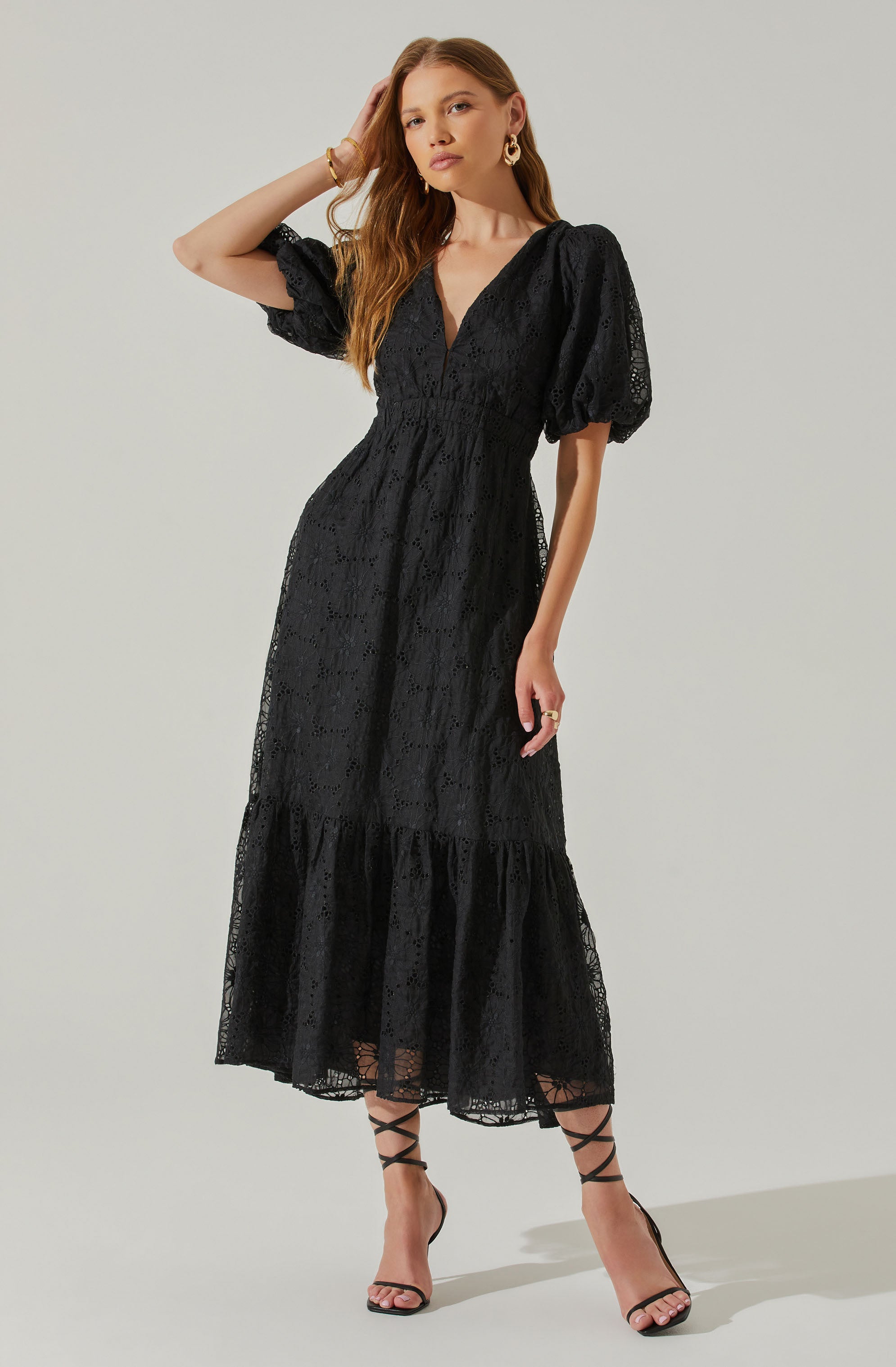 Jaxine Eyelet Puff Sleeve Open Back Midi Dress-Aljck