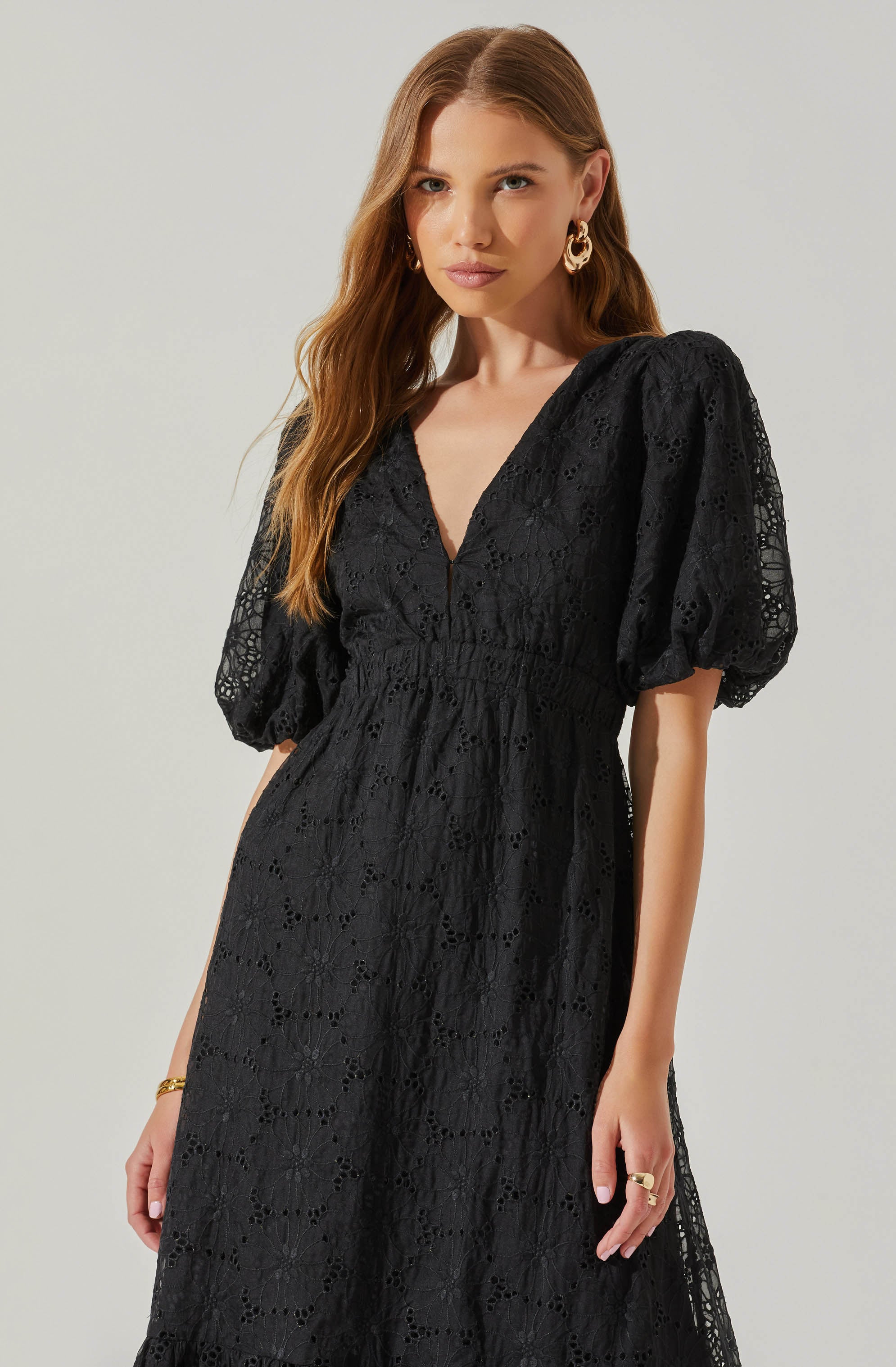 Jaxine Eyelet Puff Sleeve Open Back Midi Dress-Aljck