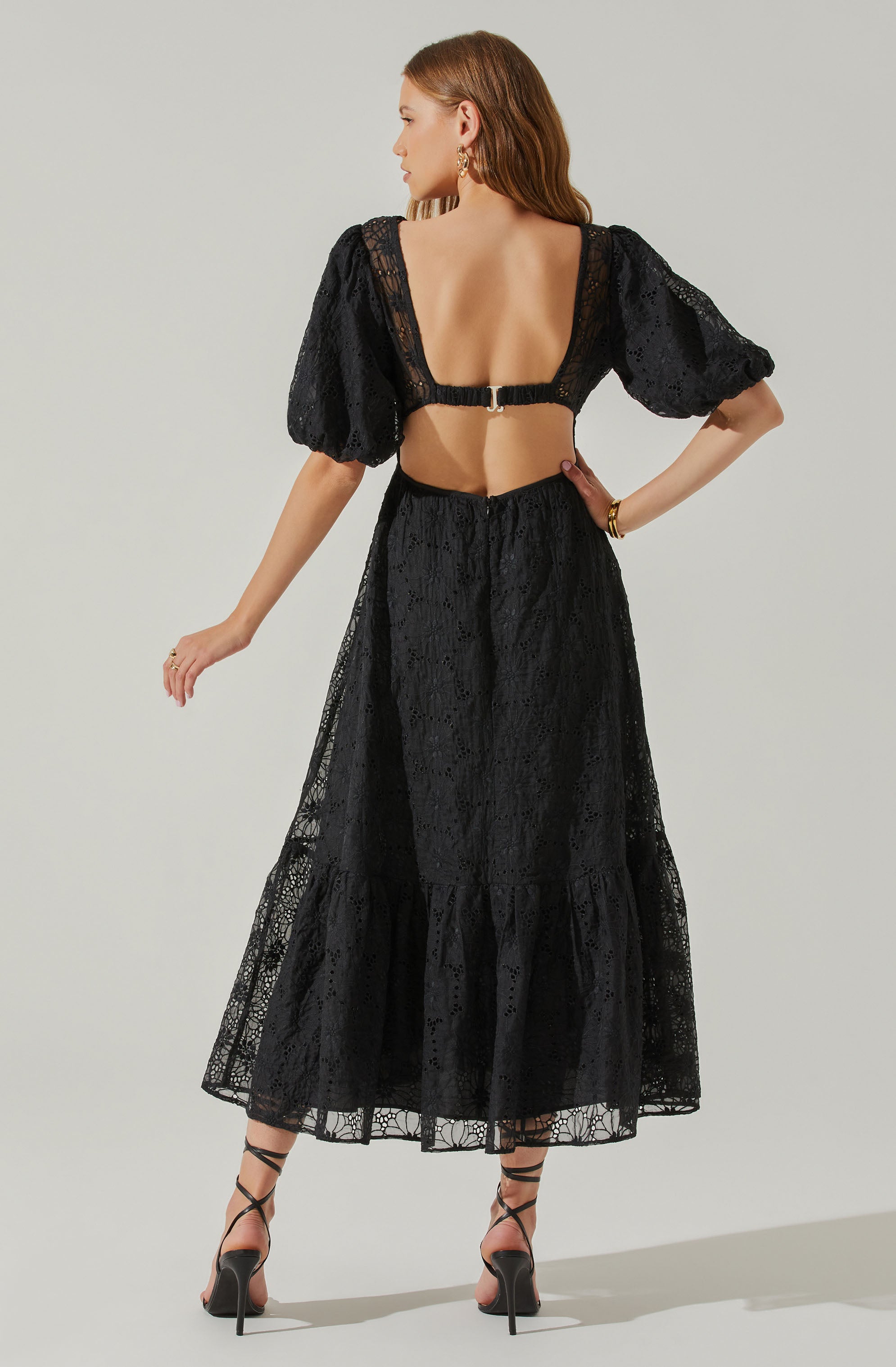 Jaxine Eyelet Puff Sleeve Open Back Midi Dress-Aljck
