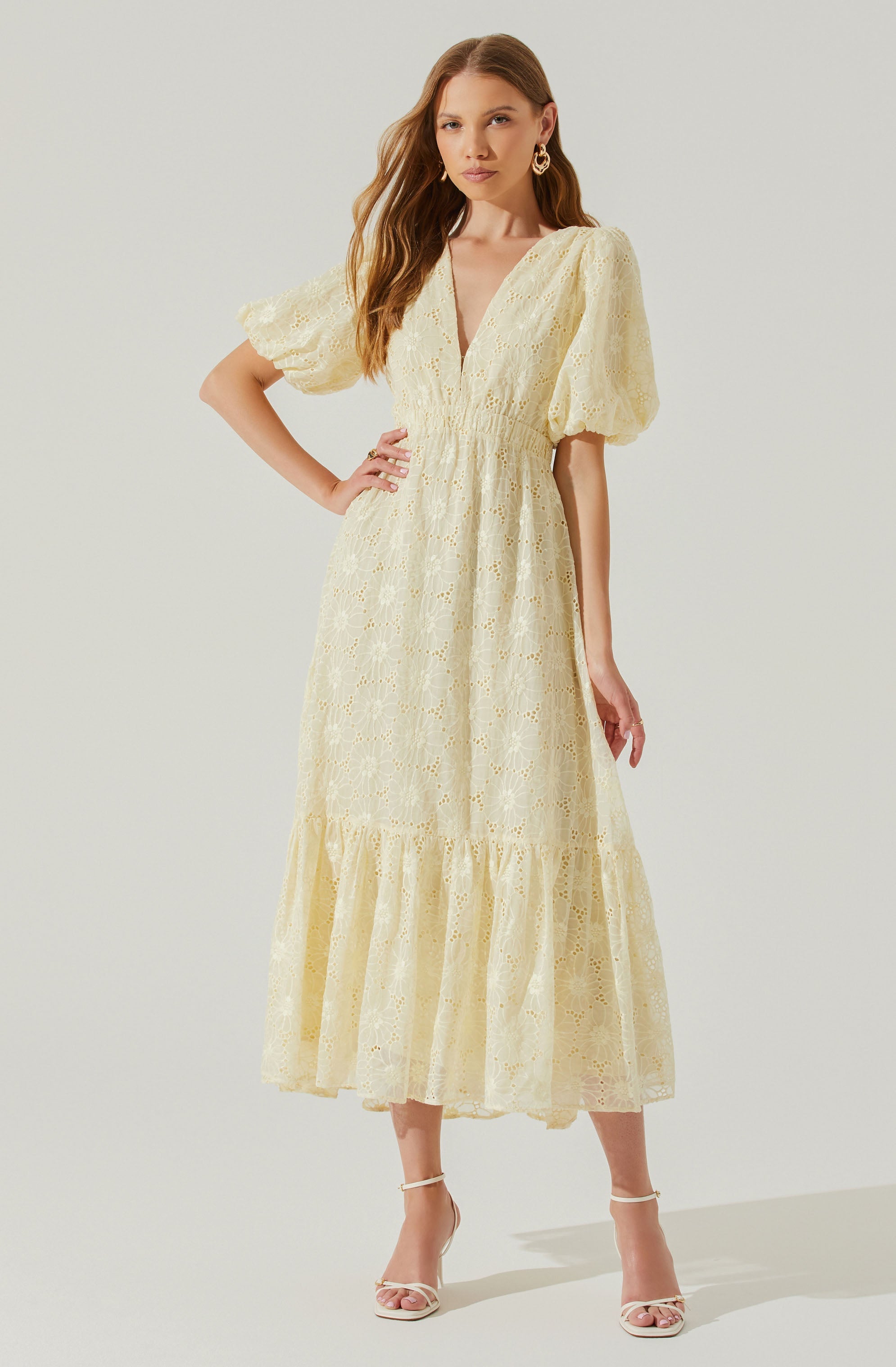 Jaxine Eyelet Puff Sleeve Open Back Midi Dress-Aljck