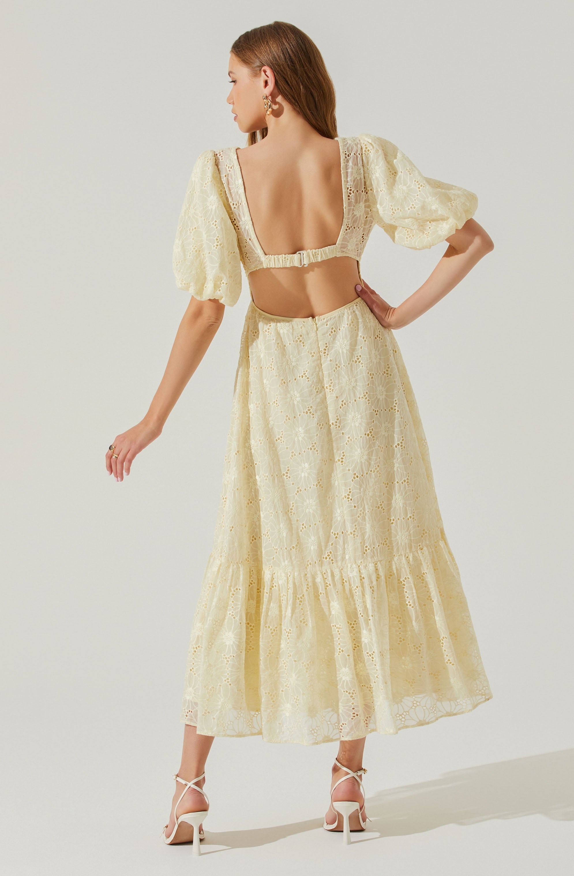 Jaxine Eyelet Puff Sleeve Open Back Midi Dress-Aljck