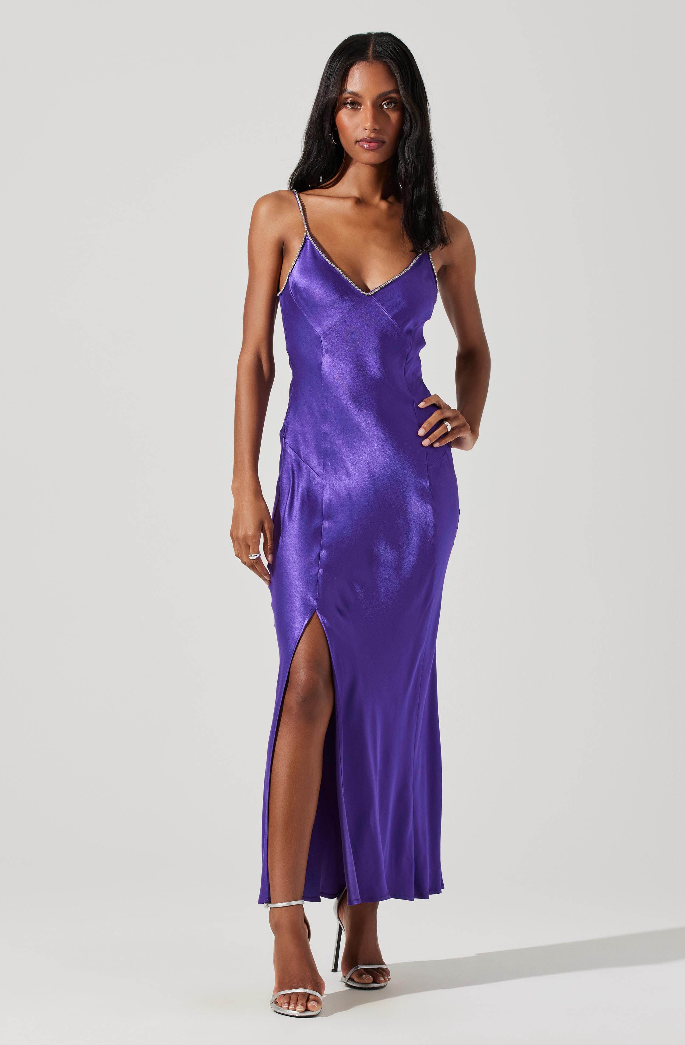 Kathleen Rhinestone Trim Satin Midi Dress-Aljck