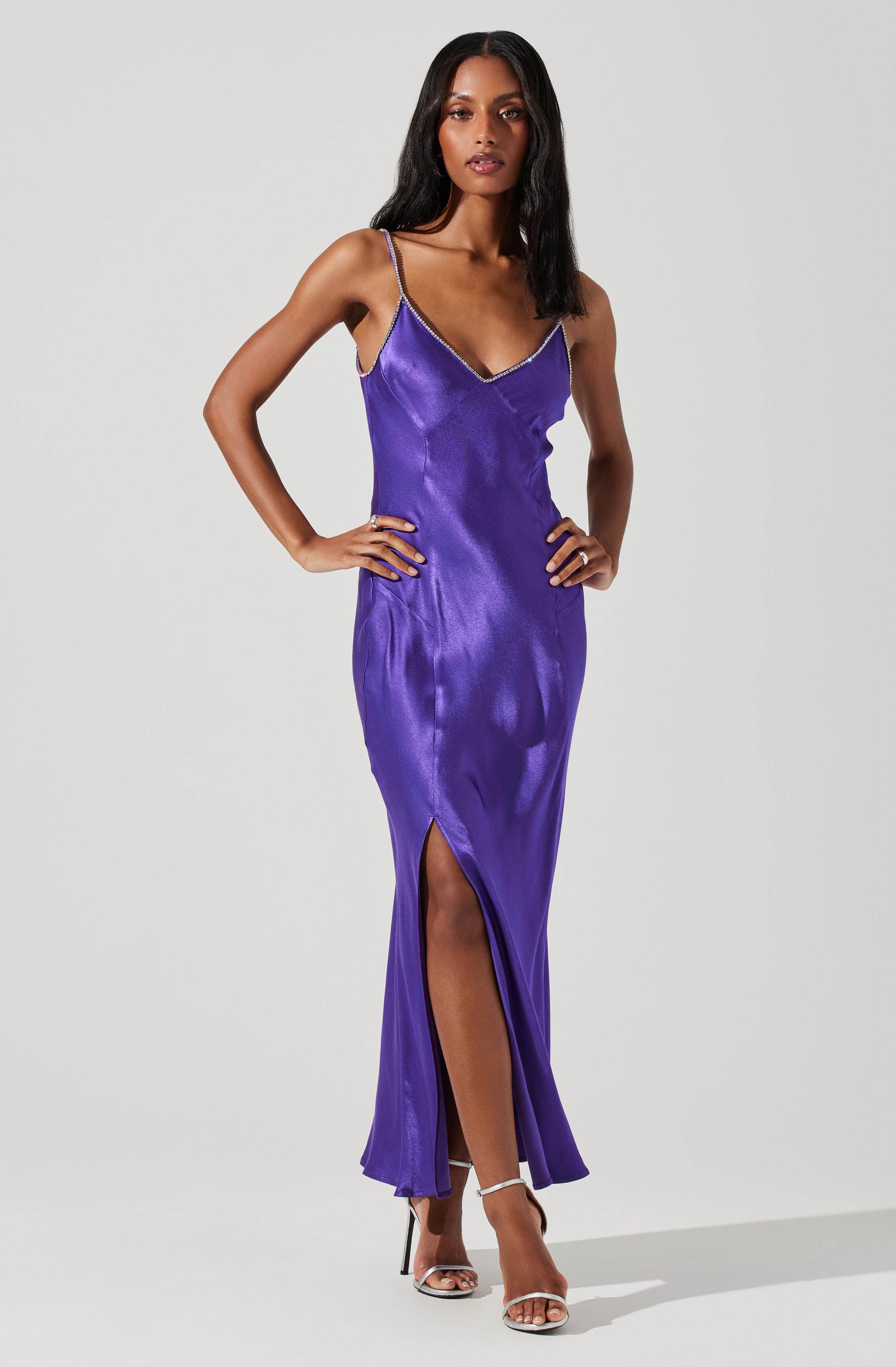 Kathleen Rhinestone Trim Satin Midi Dress-Aljck