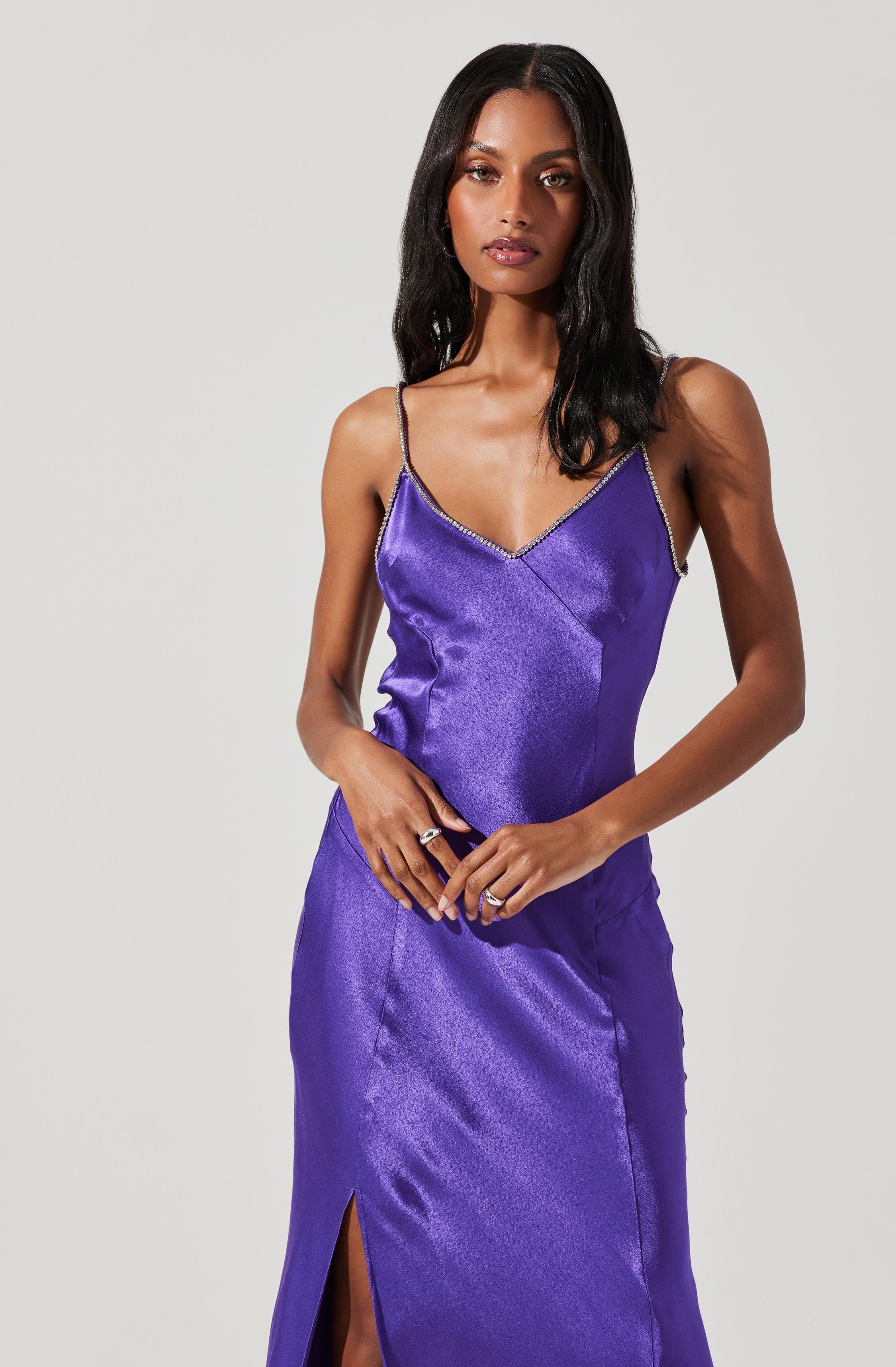 Kathleen Rhinestone Trim Satin Midi Dress-Aljck