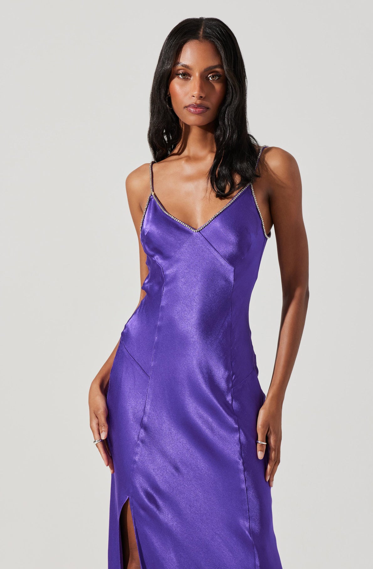 Kathleen Rhinestone Trim Satin Midi Dress-Aljck