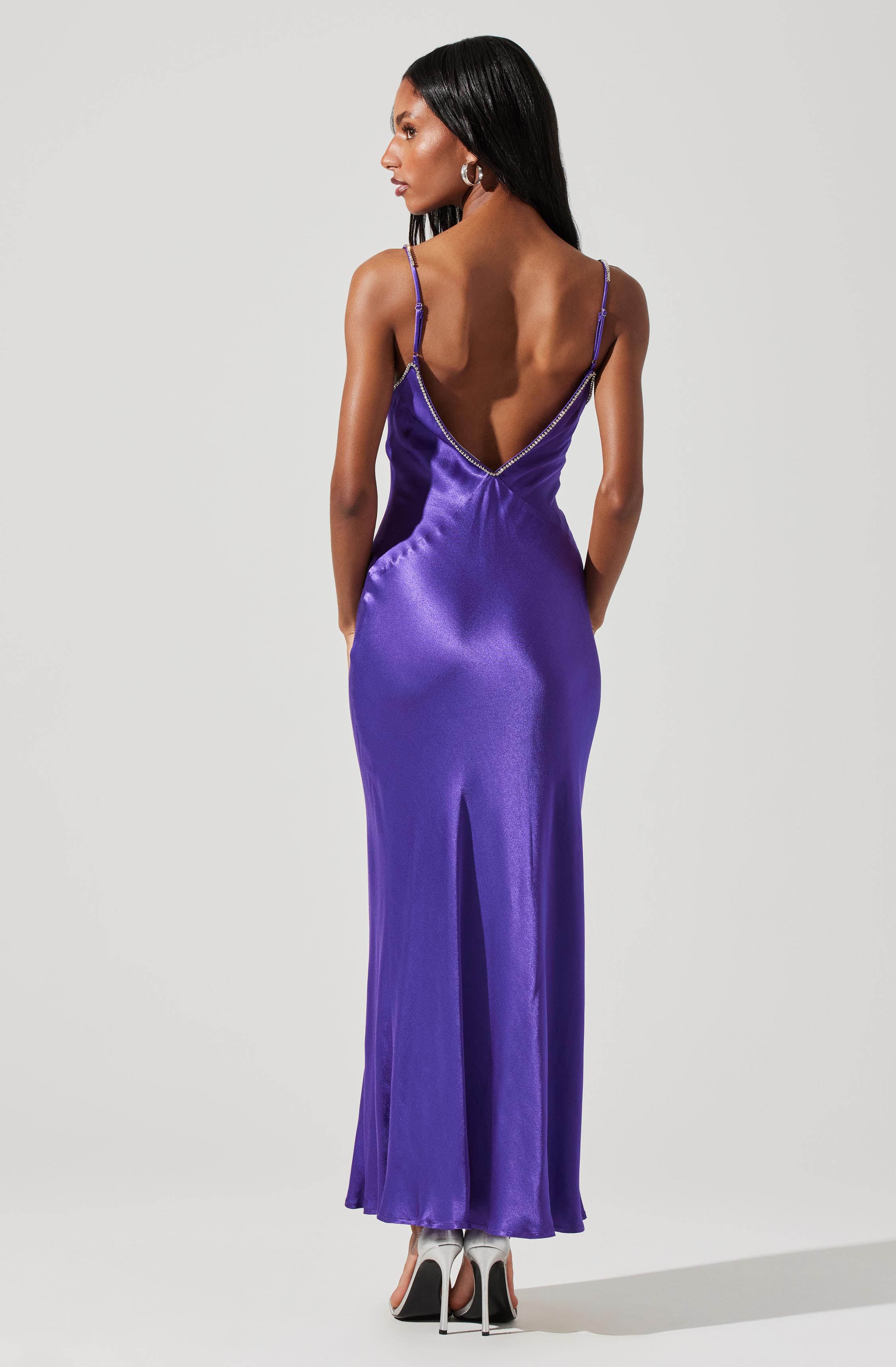 Kathleen Rhinestone Trim Satin Midi Dress-Aljck