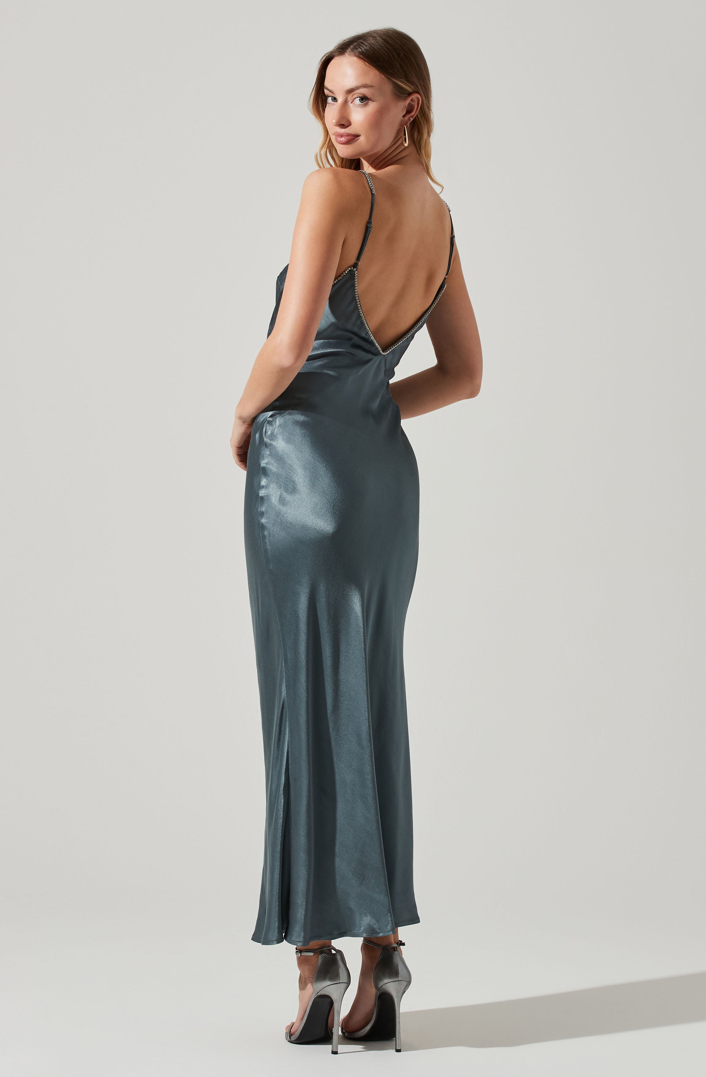 Kathleen Rhinestone Trim Satin Midi Dress-Aljck