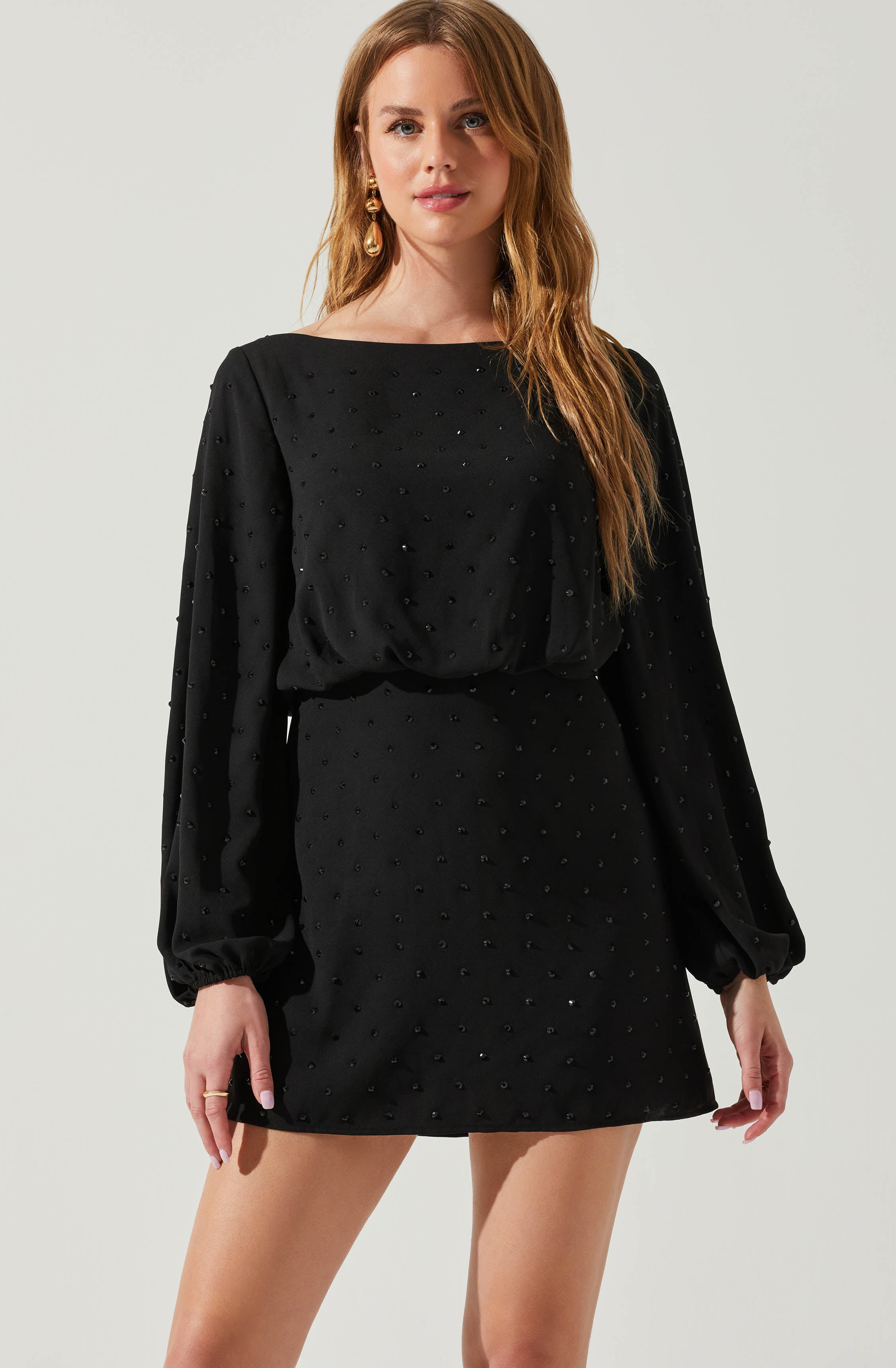 Edita Rhinestone Embellished Long Sleeve Mini Dress-Aljck