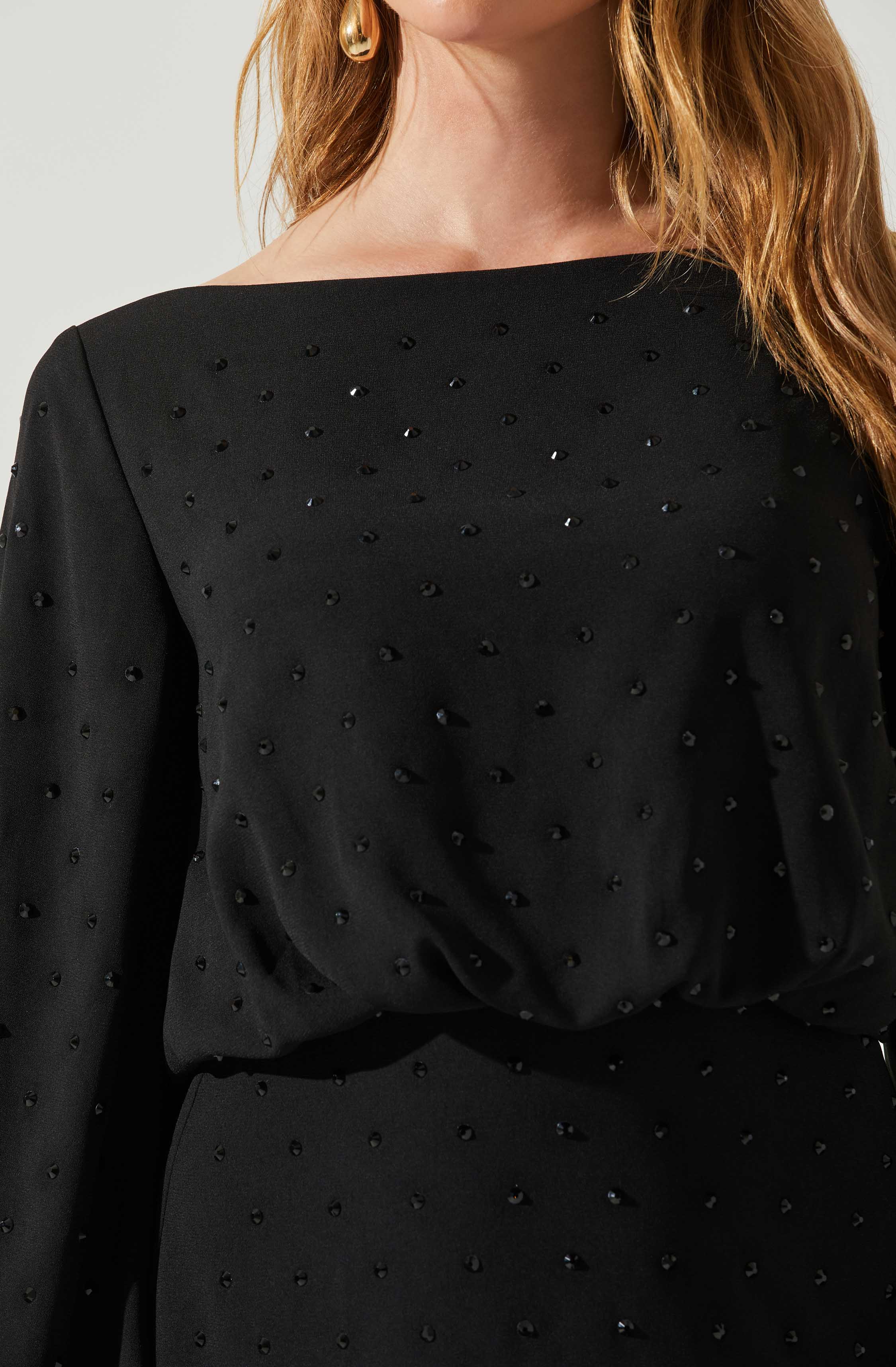 Edita Rhinestone Embellished Long Sleeve Mini Dress-Aljck