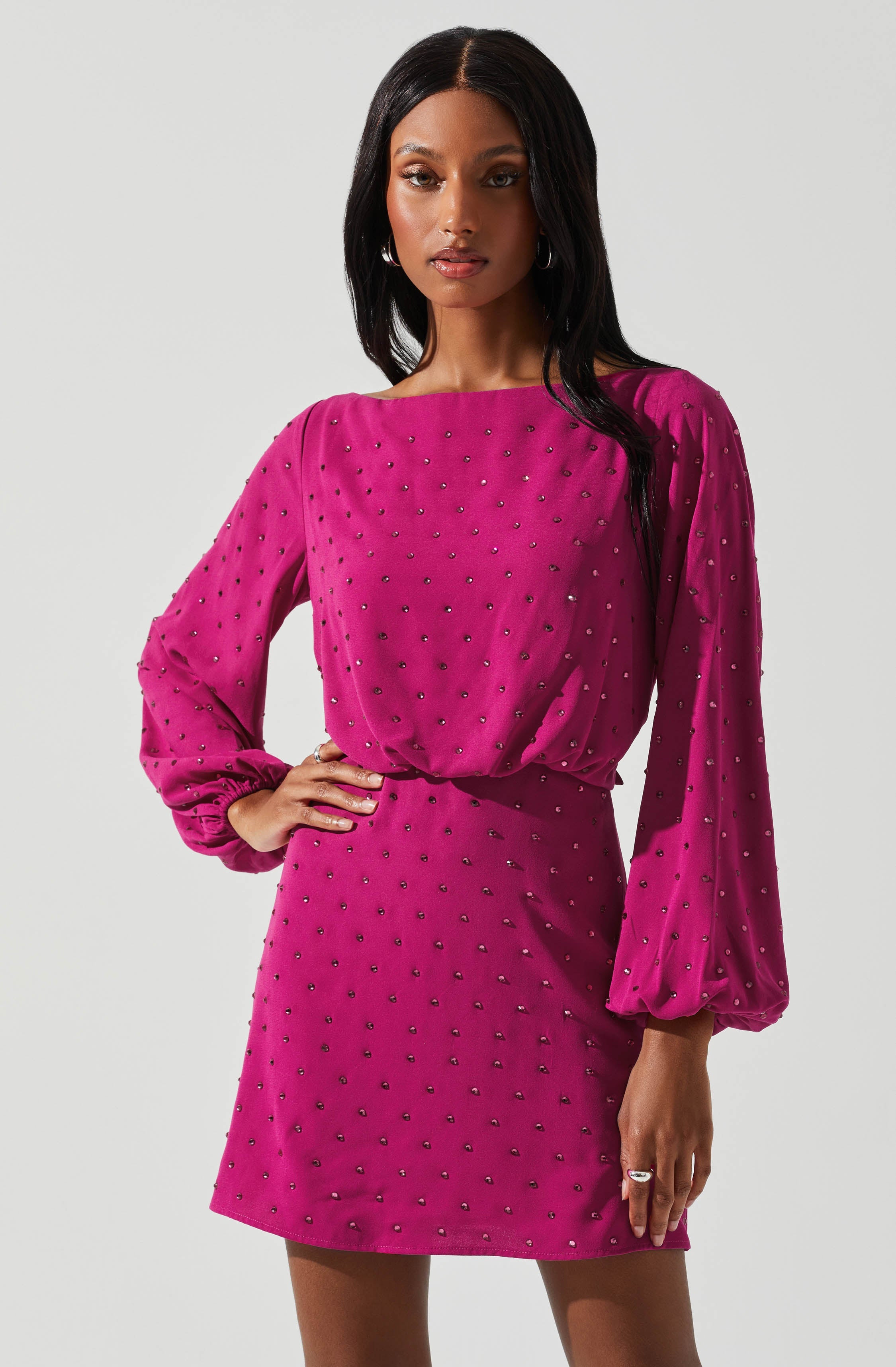 Edita Rhinestone Embellished Long Sleeve Mini Dress-Aljck