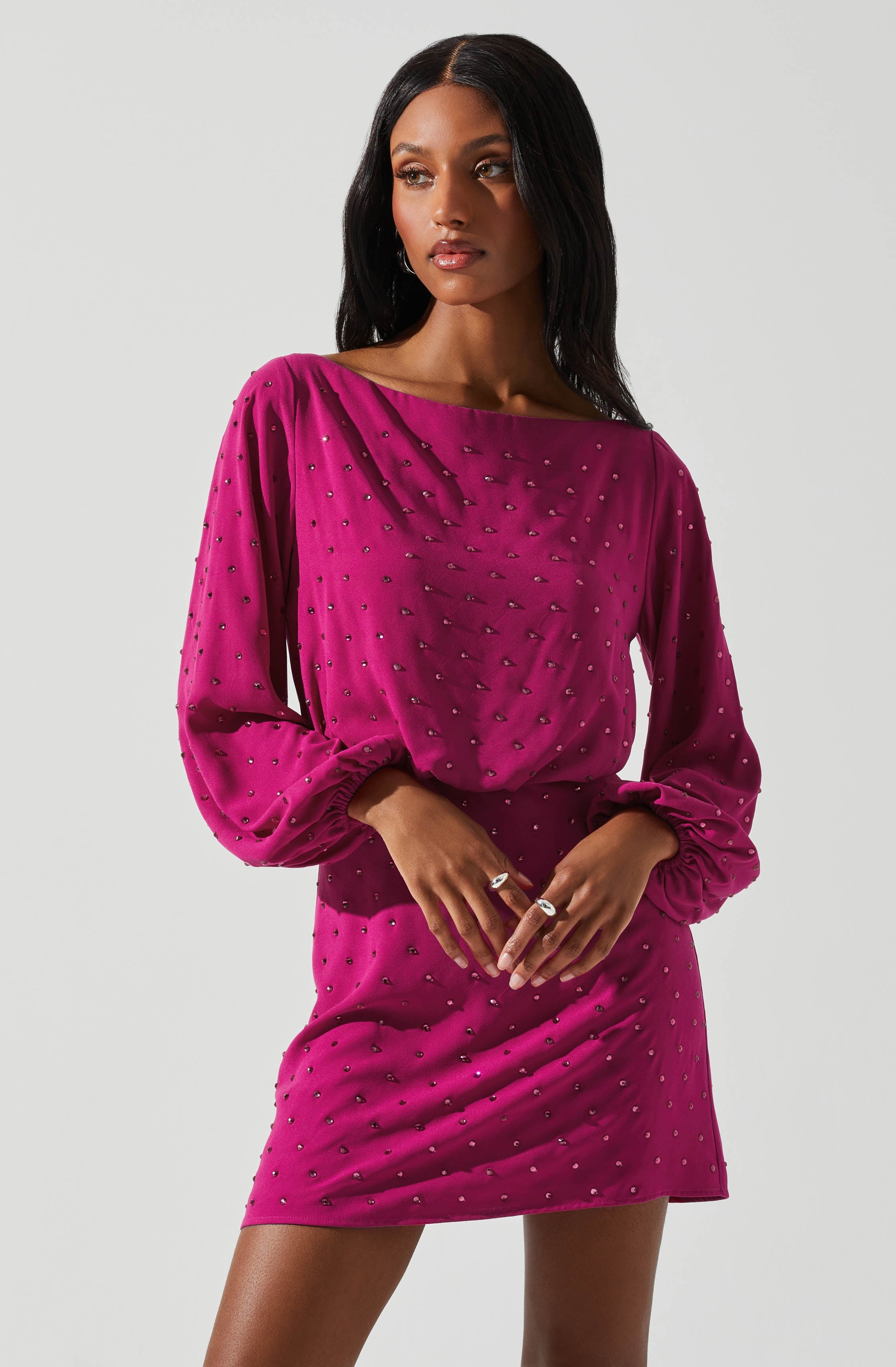 Edita Rhinestone Embellished Long Sleeve Mini Dress-Aljck