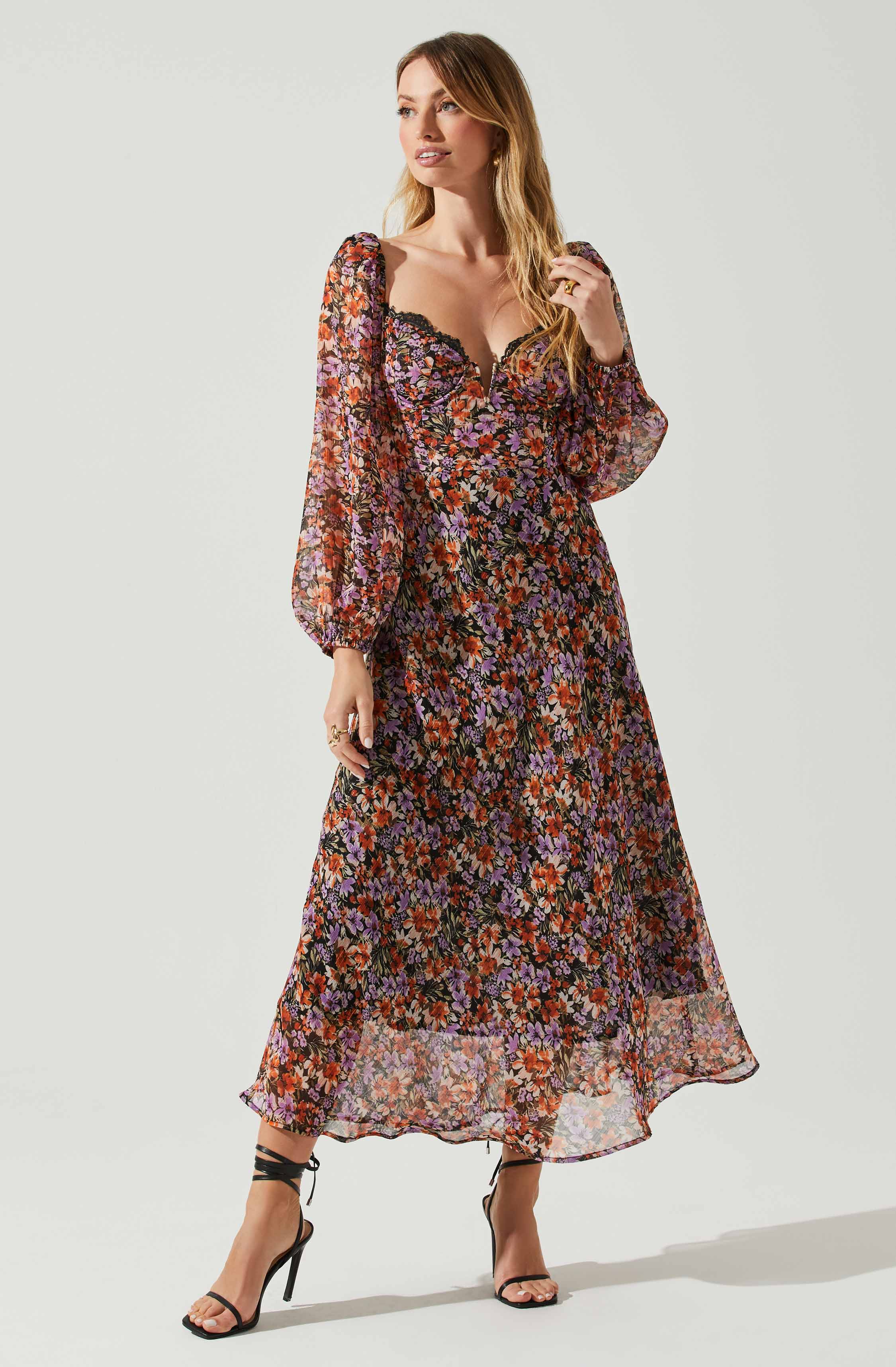 Sylvie Floral Puff Sleeve Midi Dress-Aljck