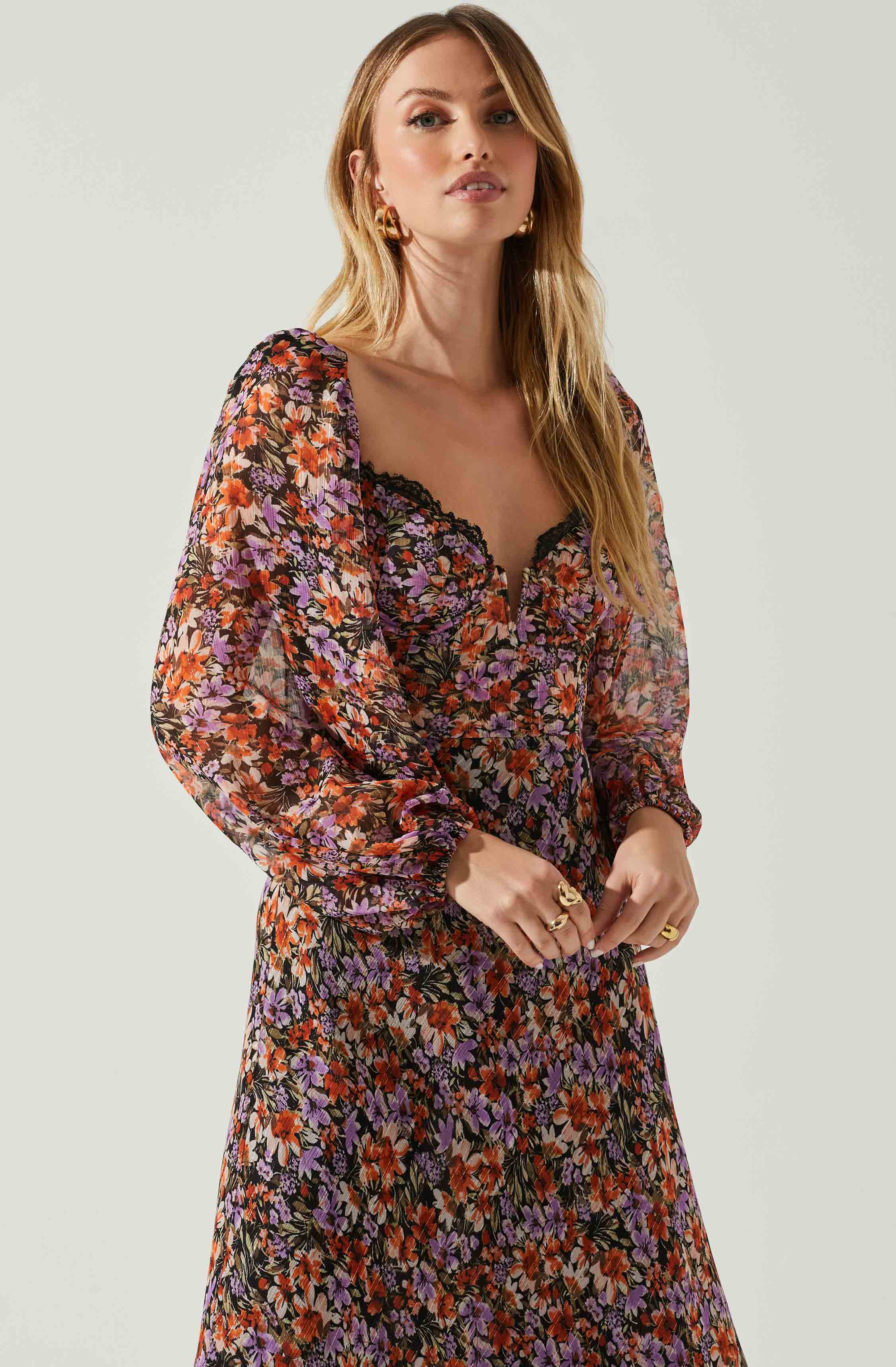 Sylvie Floral Puff Sleeve Midi Dress-Aljck