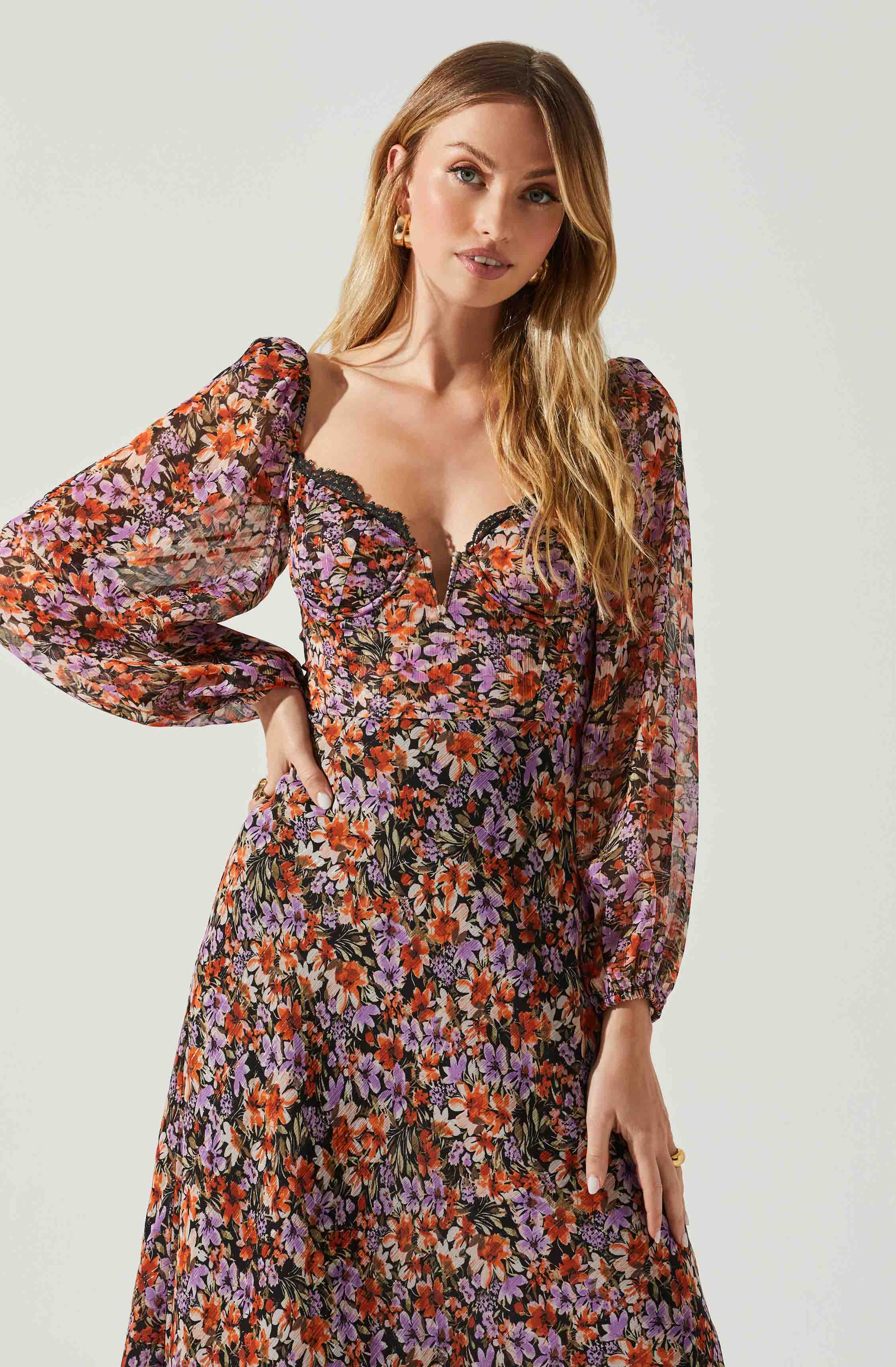 Sylvie Floral Puff Sleeve Midi Dress-Aljck