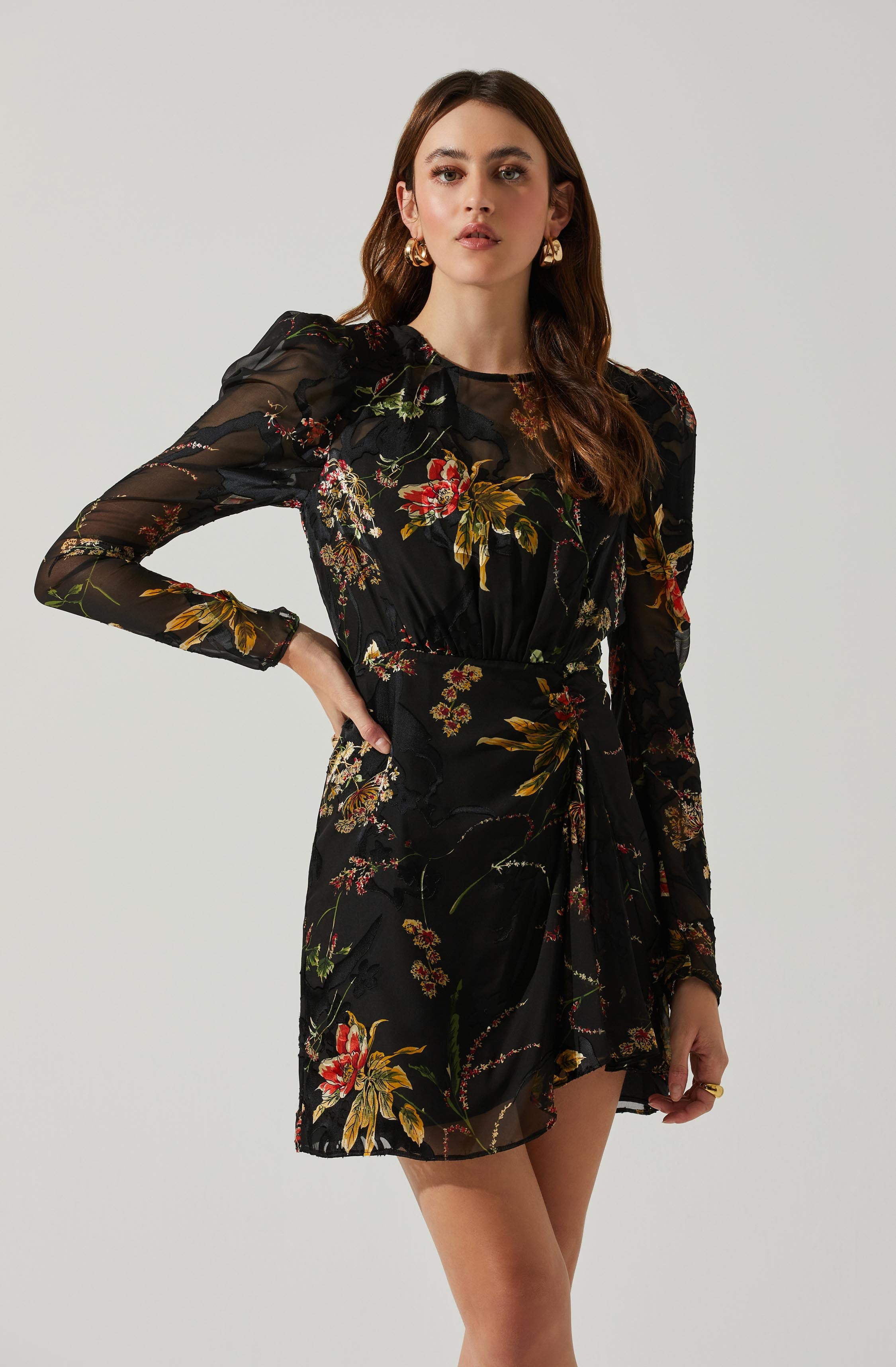 Cindy Floral Burnout Long Sleeve Mini Dress-Aljck